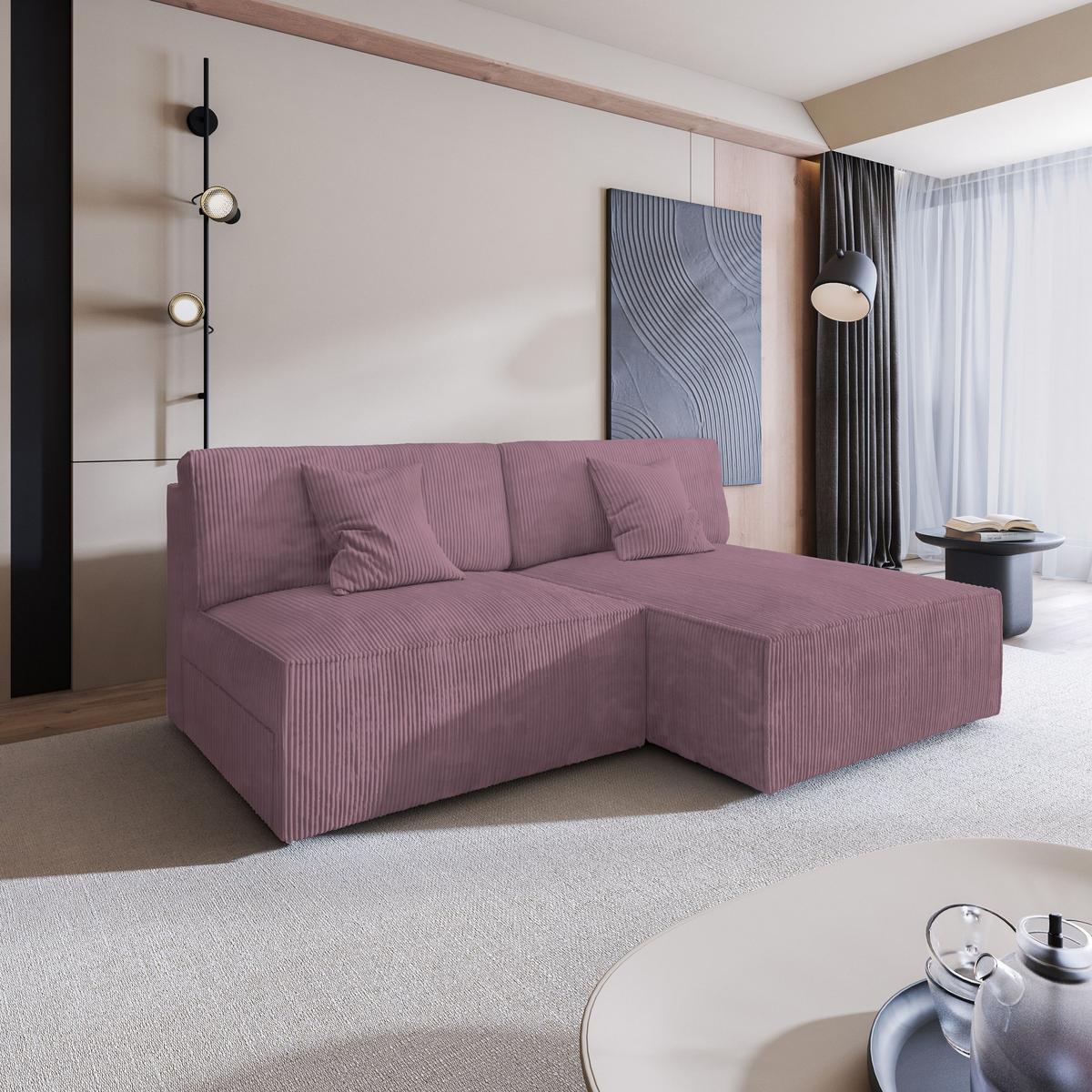 ECKSOFA FIORO P Lila Kordstoff mit Schlaffunktion - Lila/Grau, Holz/Kunststoff (204/148cm) - MASSENO