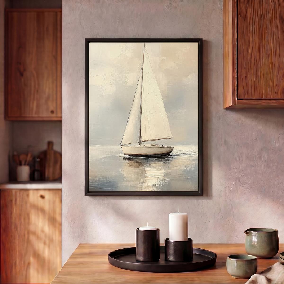 LEINWAND Bilder mit Rahmen - Segelschiff - Meer - Bewölkt - 30x40 - Creme, Textil (30/40cm) - MuchoWow