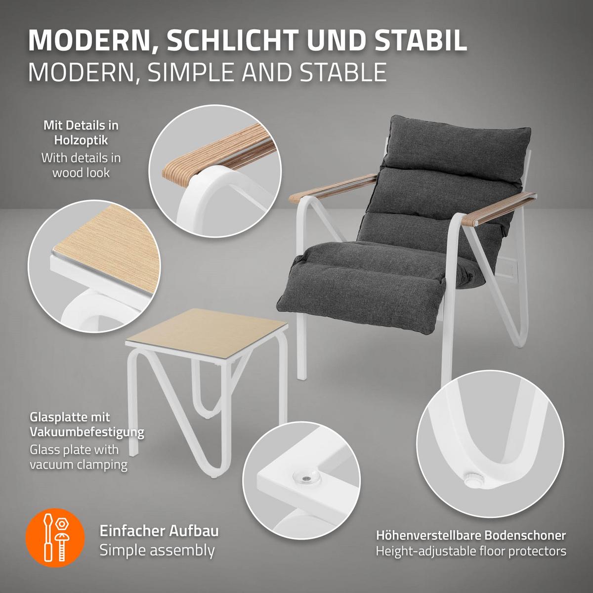 GARTENMÖBEL Set 3 tlg Weiß-Grau mit Stahlgestell - Anthrazit/Weiß, Textil/Metall - ML-DESIGN
