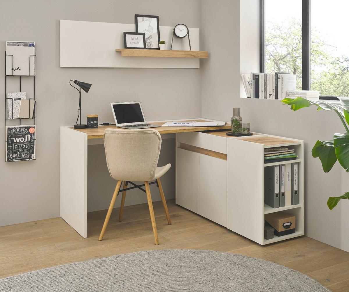 SCHREIBTISCHKOMBINATION 4-teilig weiß matt, Eiche Wotan, Büromöbel Set mit viel Stauraum - Eichefarben/Eiche Wotan, Holzwerkstoff/Kunststoff (140/143/180cm) - Furn.Design