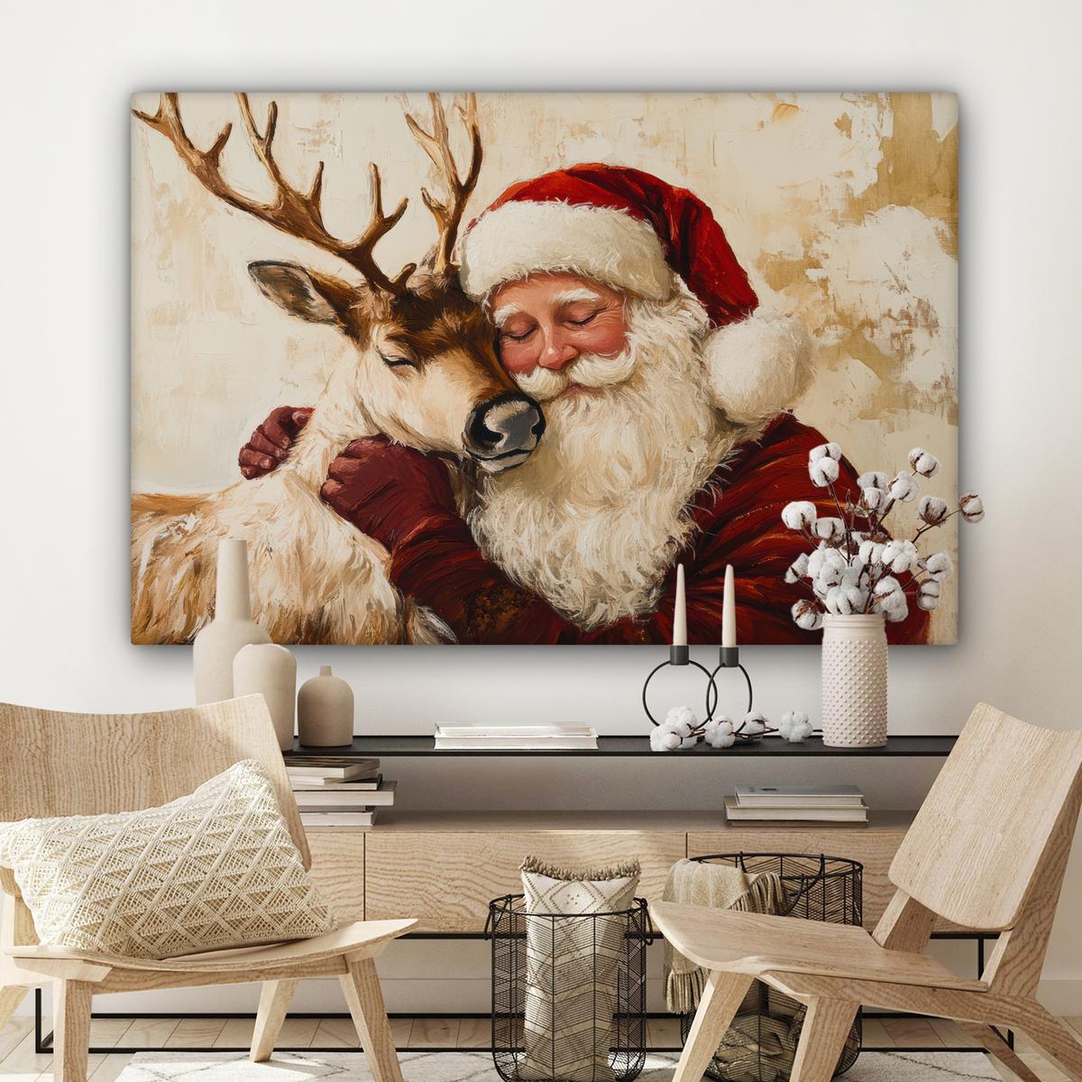 LEINWANDBILD Weihnachtsmann - Rentier - Weihnachten XXL 150x100 cm - Rotbraun, Textil (150/100cm) - MuchoWow