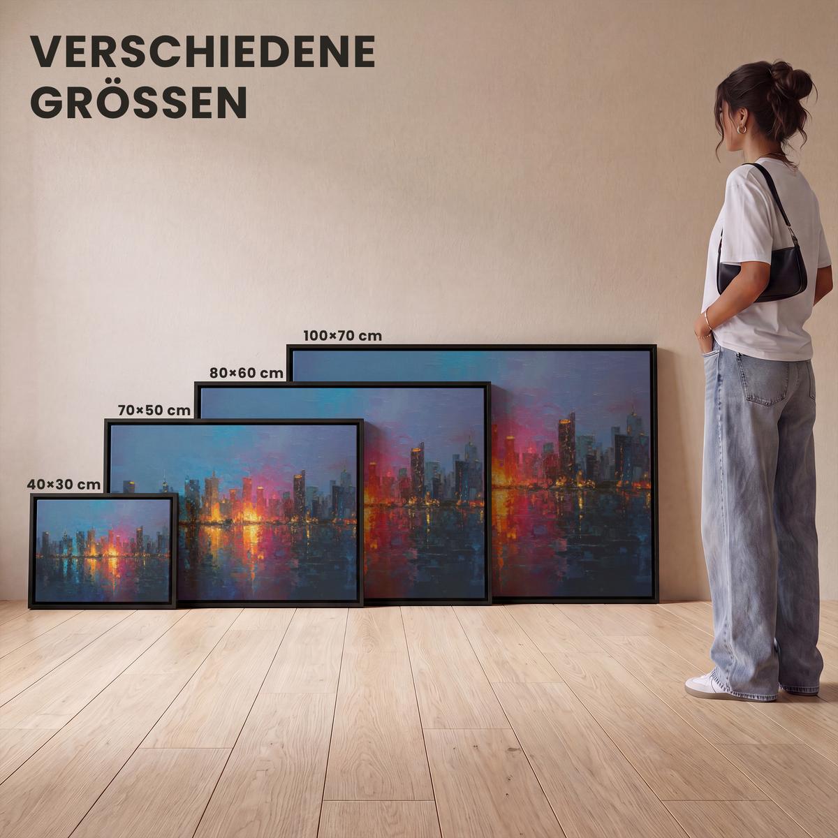 LEINWAND Bilder mit Rahmen - Skyline - Pinselstriche - Dunkelblau - Leuchtend - 100x70 - Blau, Textil (100/70cm) - MuchoWow