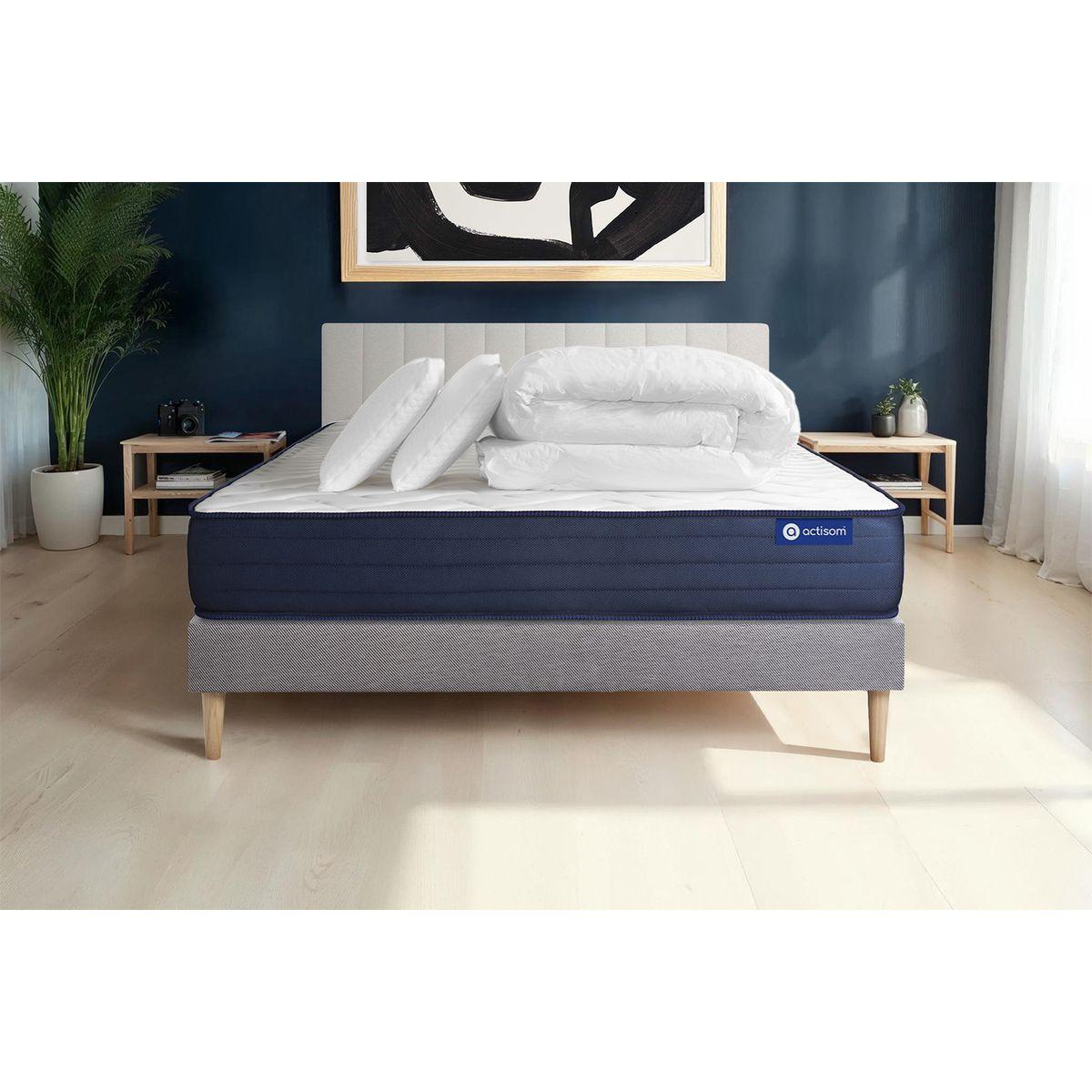 BETT Actilatex life Latex und Memory-Schaum 160 x 200 cm h4 - Kit Bettgestell Grau - Mit Kissen und Bettdecke - Beige/Grau, Karton/Holz (160/200cm) - ACTISOM