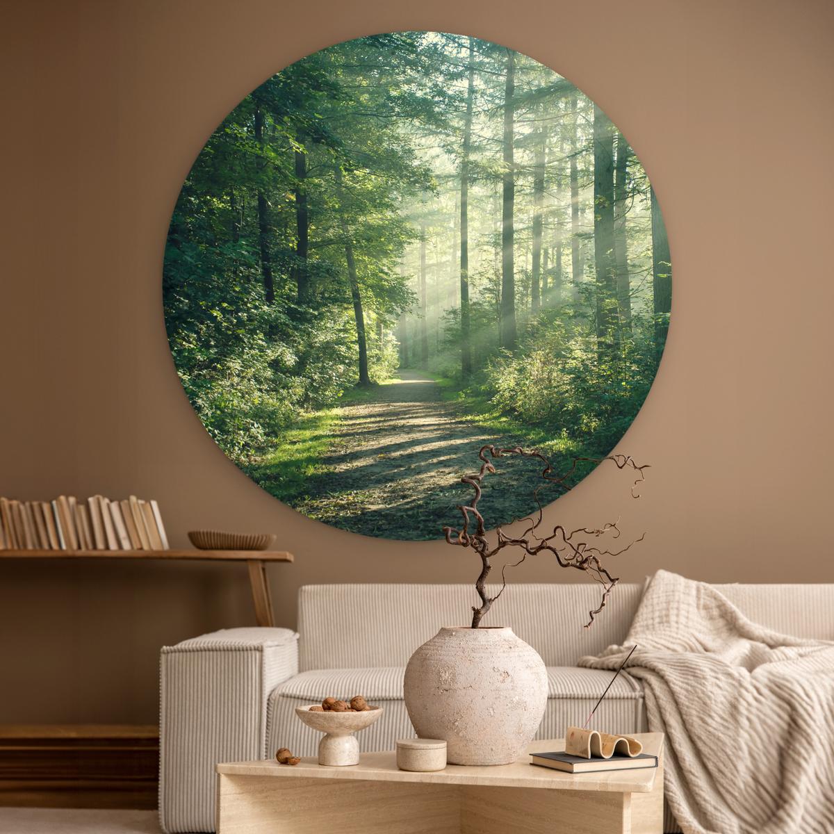 WANDBILD Wald - Weg - Sonne - Bäume - Grün - Natur Room Decor 140x140 cm - Waldgrün, Kunststoff (140/140cm) - MuchoWow