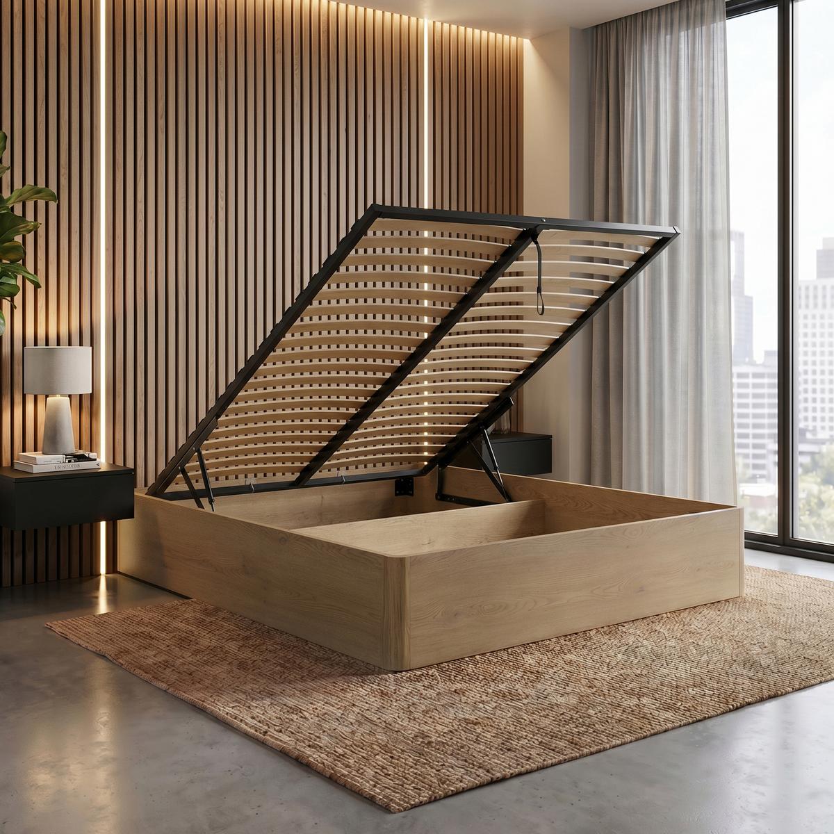 BETT Sara mit Bettkasten, ohne Kopfteil und Matratze, 140x200, Cremona Eiche - Eichefarben, Holzwerkstoff (140/200cm) - Beautysofa