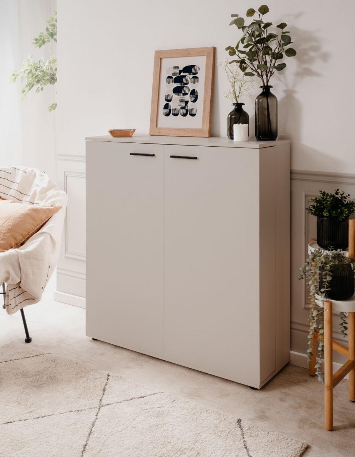 SCHUHSCHRANK Samt 100 cm, Schuhkommode aufklappbar bis 24 Paar Schuhe - Beige/Schwarz, Holzwerkstoff/Kunststoff (100/110/34cm) - Furn.Design