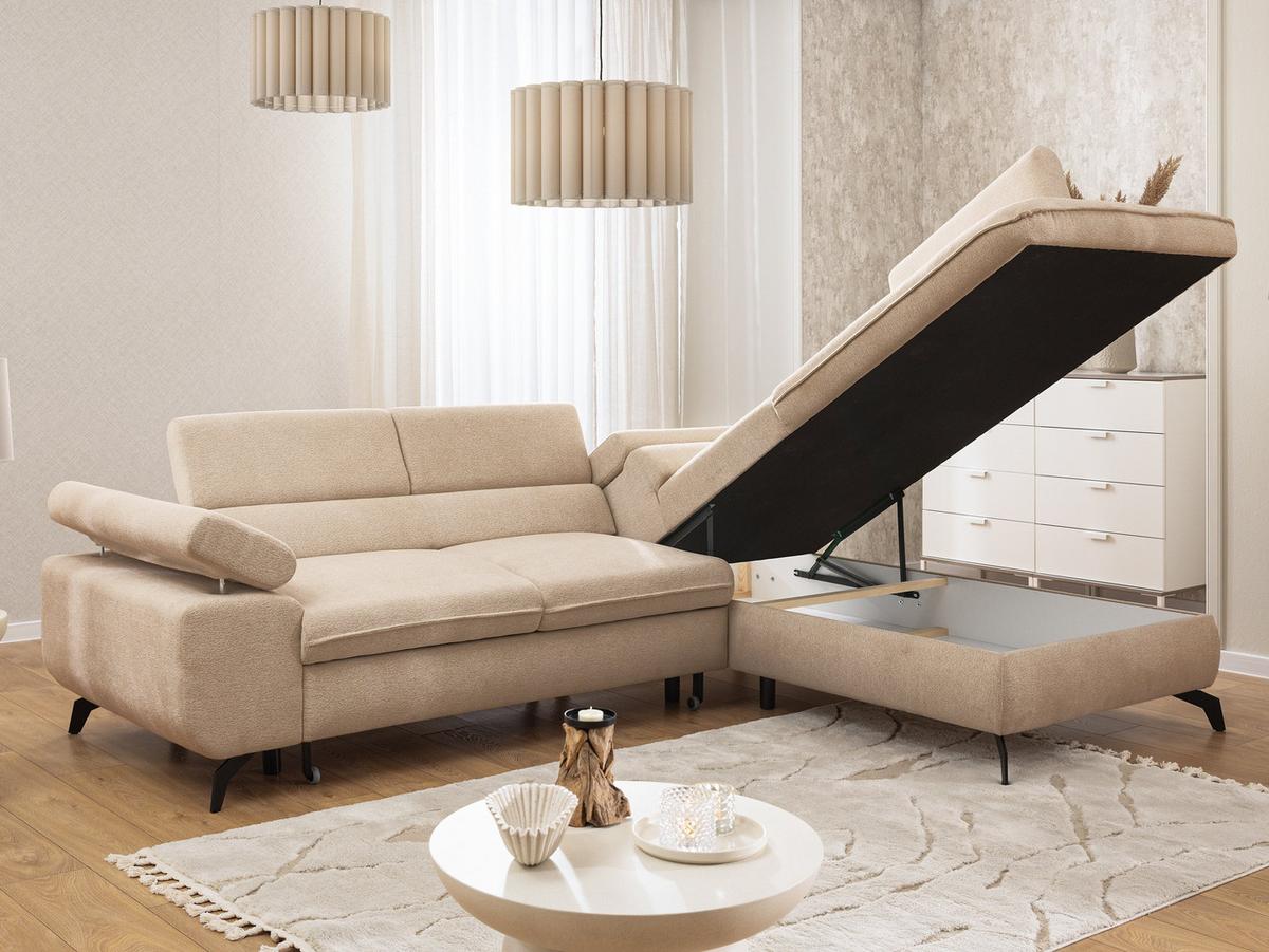 ECKSOFA mit Schlaffunktion und Bettkasten Bonnie aus Taupe Chenille-Stoff mit verstellbaren Kopfstützen und Armlehne - Ottomane rechts - Taupe/Schwarz, Holz/Textil (275/210cm) - S-Style Möbel