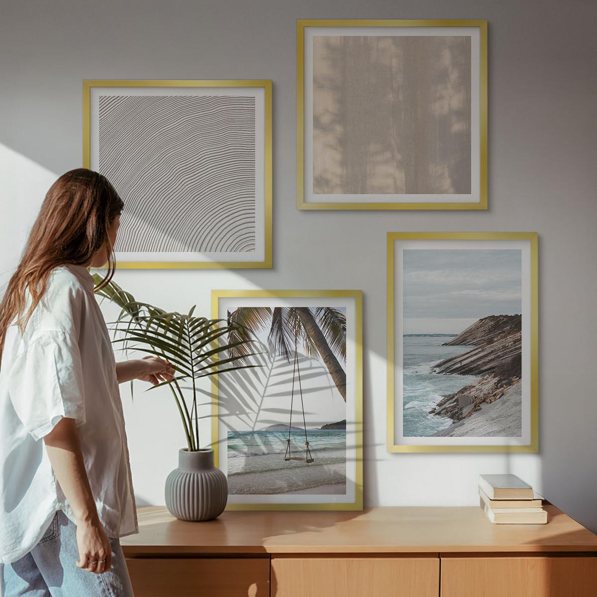 BILDER SET 4er Set - 50x50 cm & 40x60 cm Goldrahmen - Sommerlicher Sandstrand mit Meerblick - Goldfarben, Kunststoff (50/50cm) - TULUP
