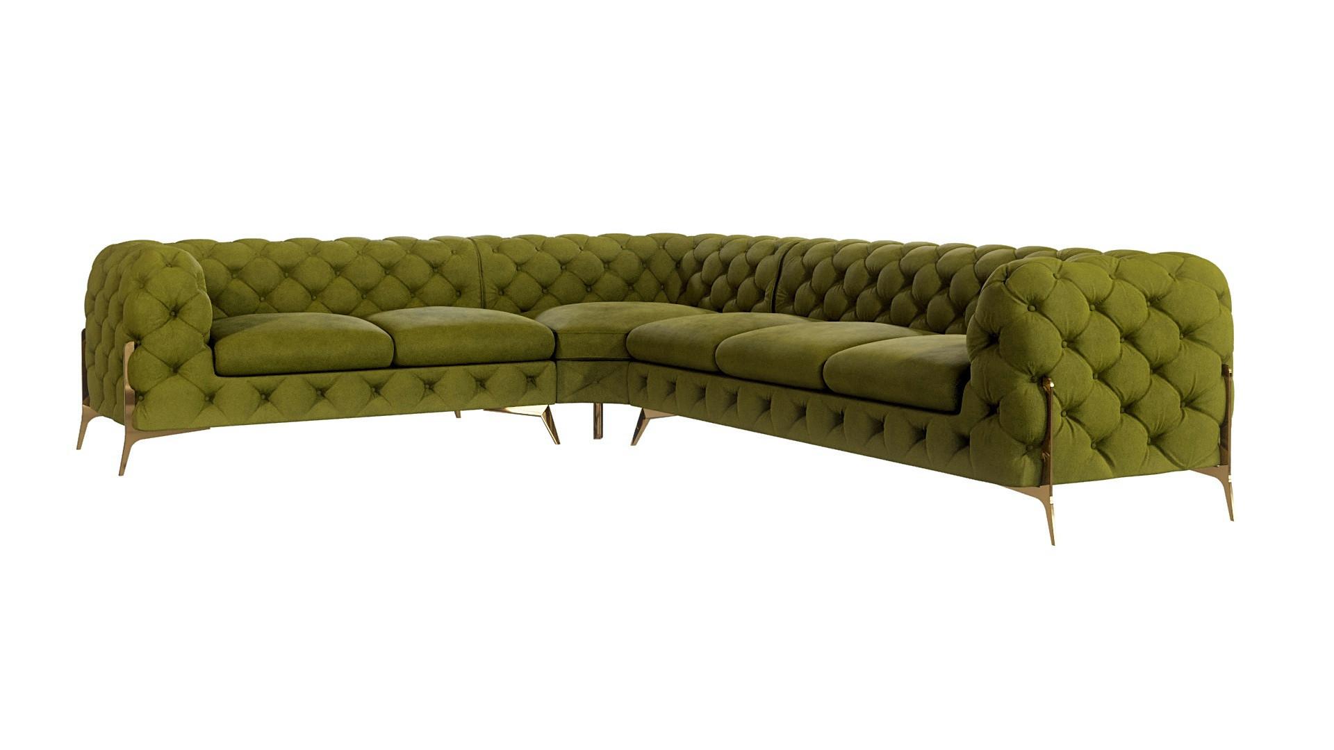 ECKSOFA Chesterfield Lexi Olive Samt, langer Schenkel rechts - Goldfarben/Olivgrün, Holz/Textil (323/264cm) - S-Style