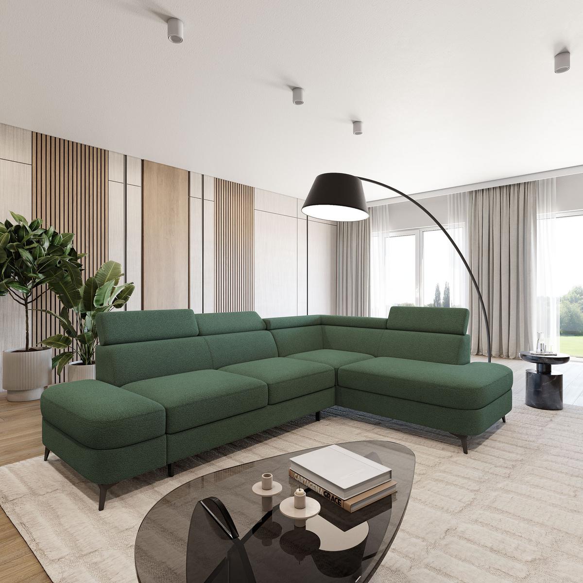 ECKSOFA AVISE Q R-S Grün Boucle-Stoff mit Schlaffunktion - Grün, Holzwerkstoff/Textil (268/195cm) - MASSENO