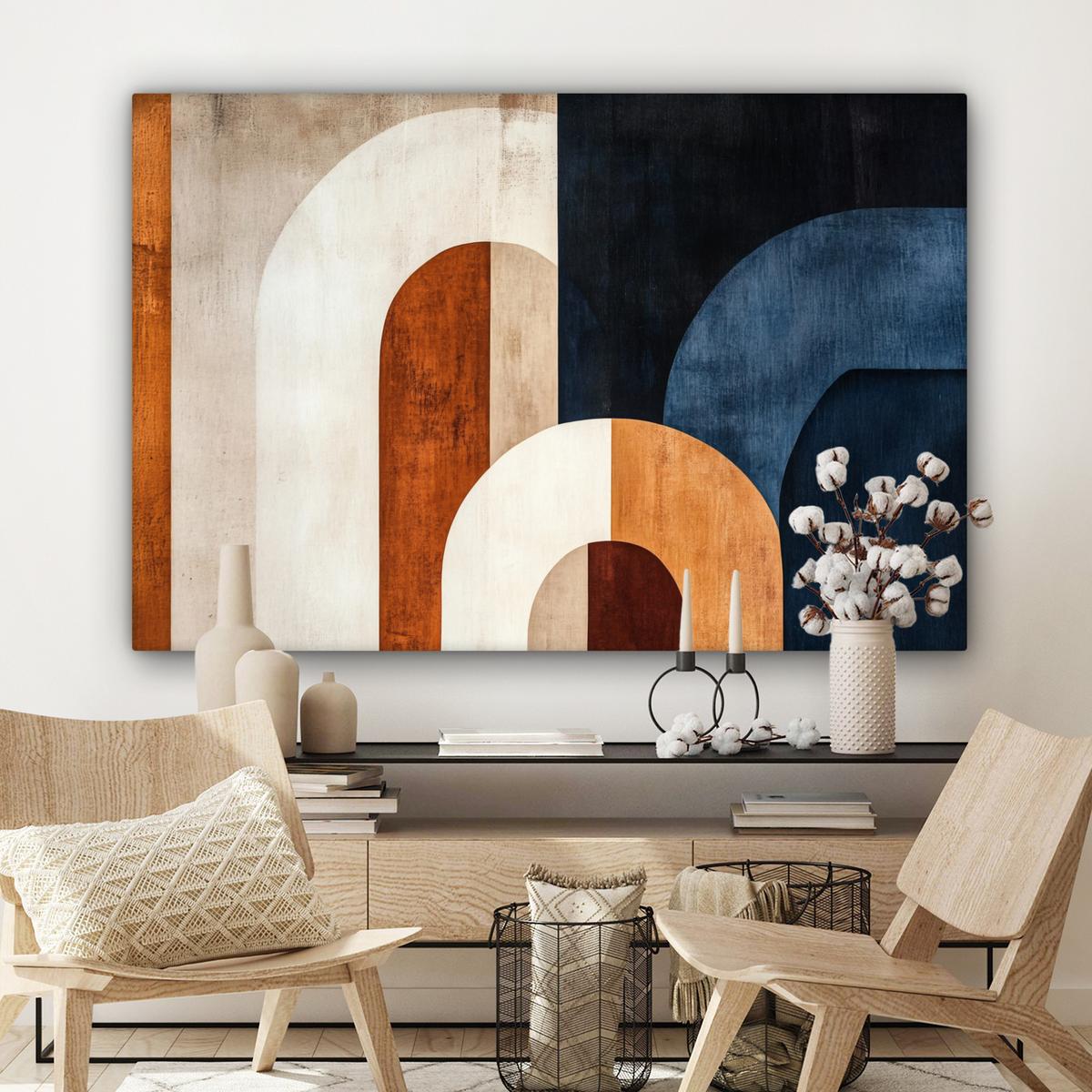 LEINWANDBILD Abstrakt - Formen - Dunkelblau Wohnzimmer Groß 120x80 cm - Cognac, Textil (120/80cm) - MuchoWow