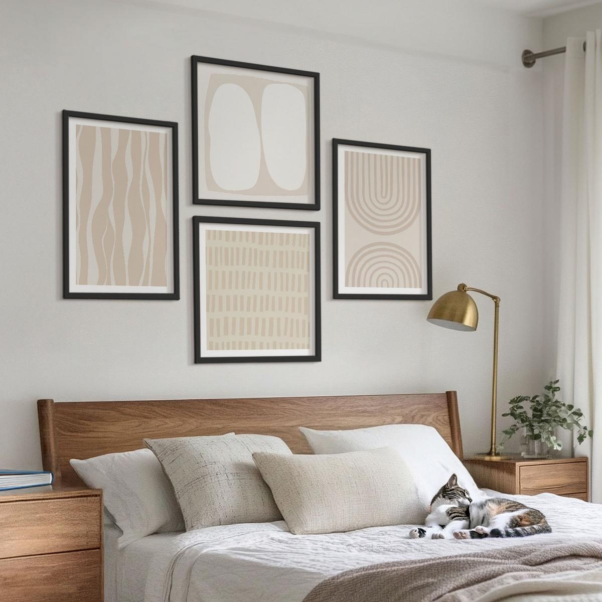 BILDER SET 4er Set - 50x50 cm & 40x60 cm Schwarzer Rahmen - Abstrakte Boho-Musterformen - Schwarz, Kunststoff (50/50cm) - TULUP