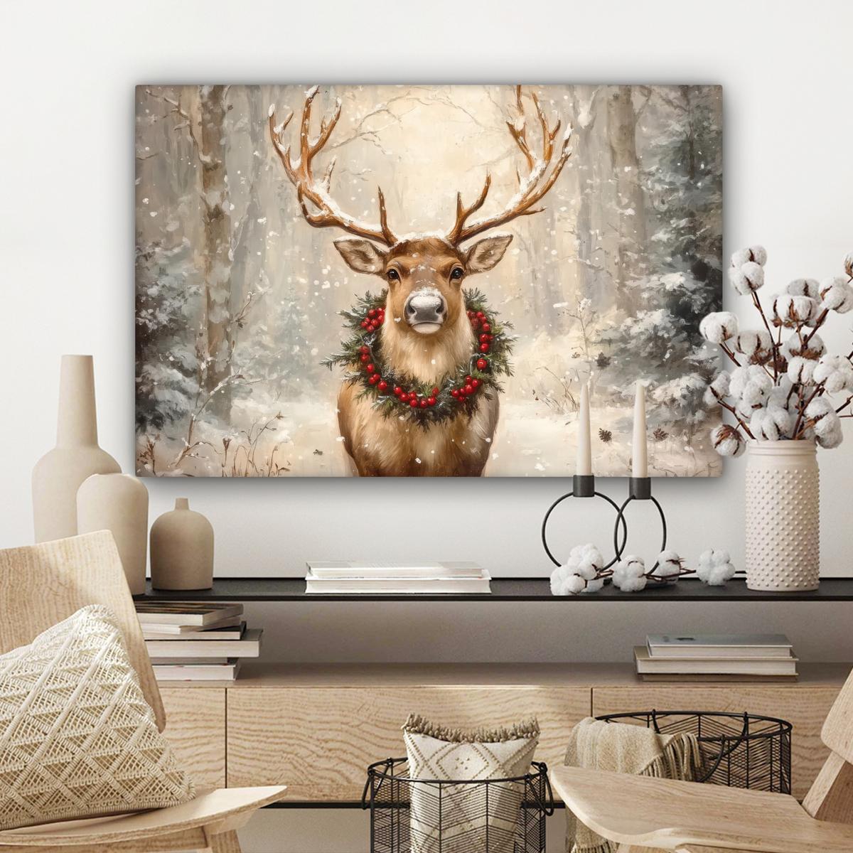 LEINWANDBILD Weihnachten - Rentier - Winter - Kranz Wanddeko 90x60 cm - Naturfarben, Textil (90/60cm) - MuchoWow