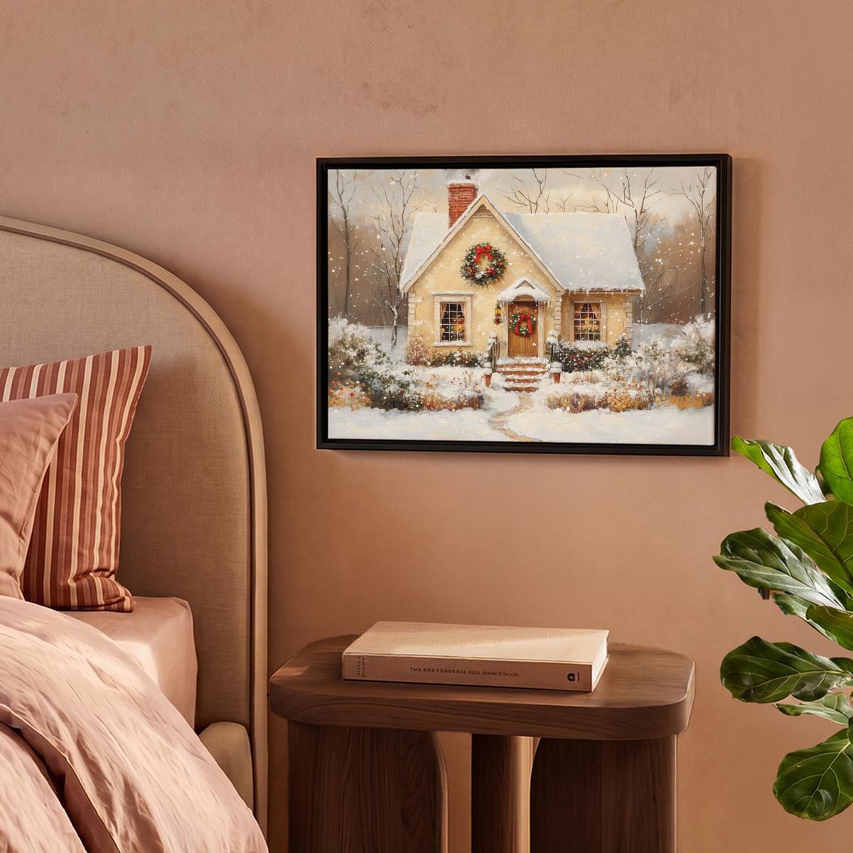 LEINWAND Bilder mit Rahmen - Weihnachten - Zuhause - Winter - Schnee - 40x30 - Creme, Textil (40/30cm) - MuchoWow