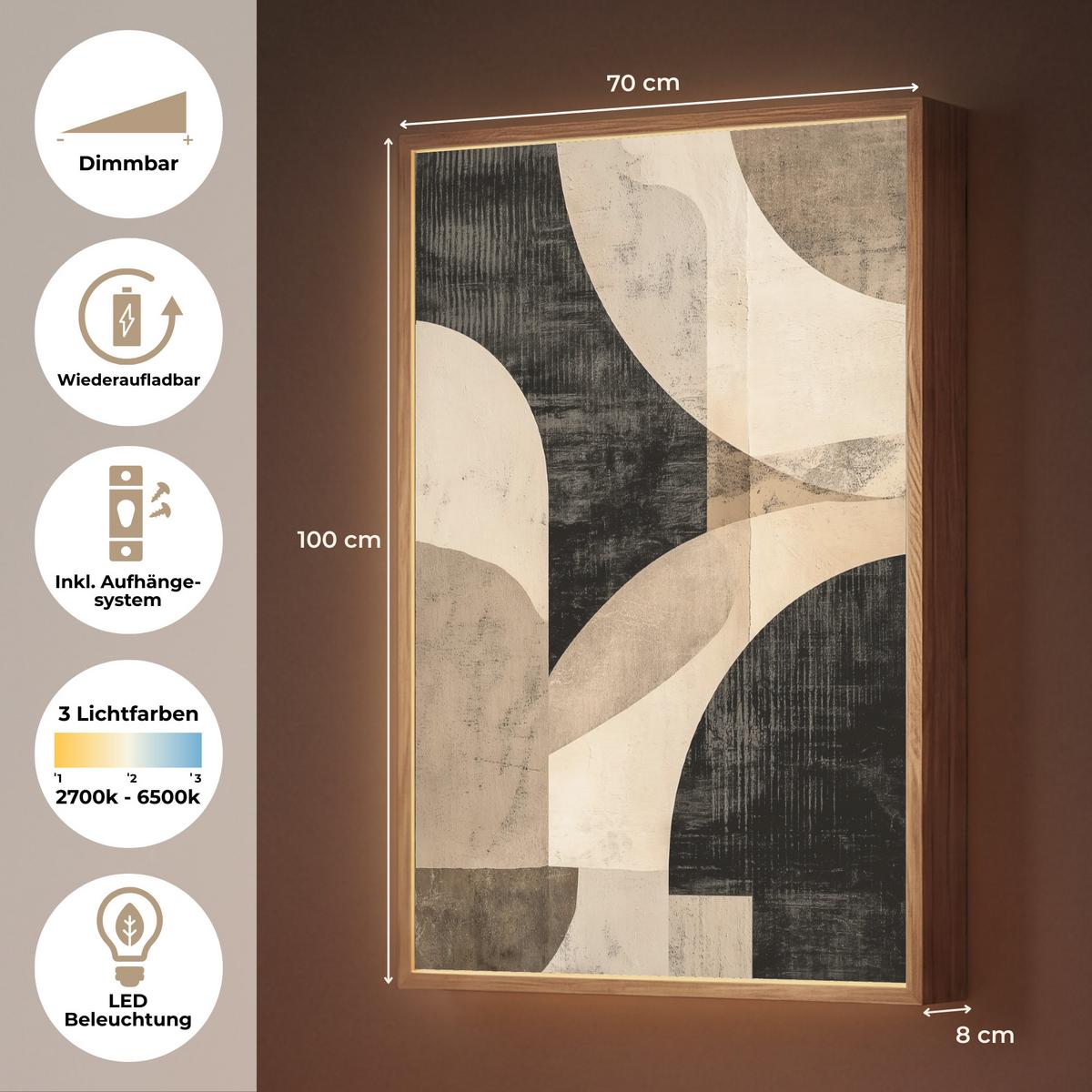 WANDLEUCHTE MIT AKKU Abstrakt - Formen - Modern - Beige 70x100 cm - Grau, Holzwerkstoff (70/100/8cm) - OnlyWow
