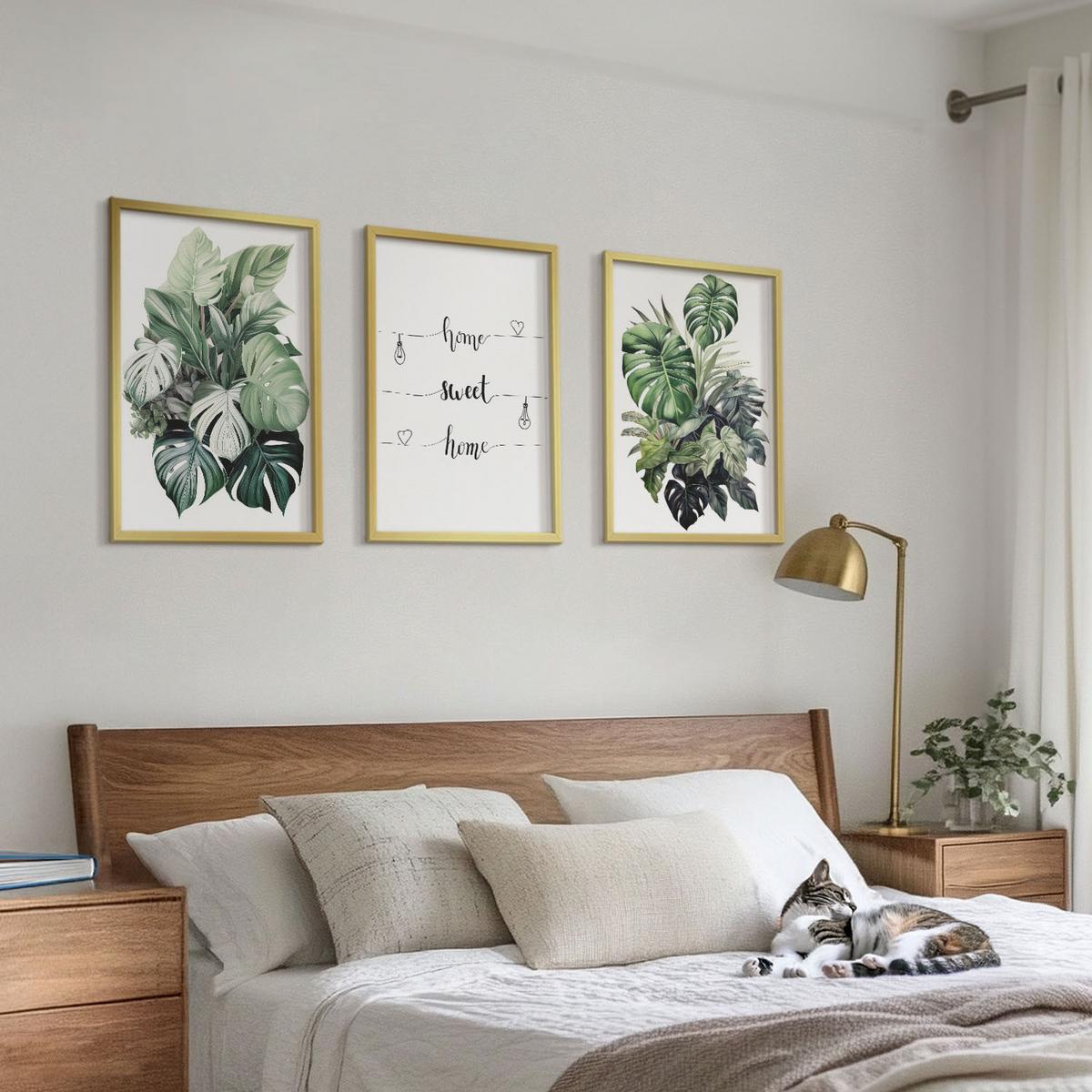 BILDER SET 3er Set - 40x60 cm Goldrahmen - Aquarell-Monstera-Blätter - Goldfarben, Kunststoff (40/60cm) - TULUP