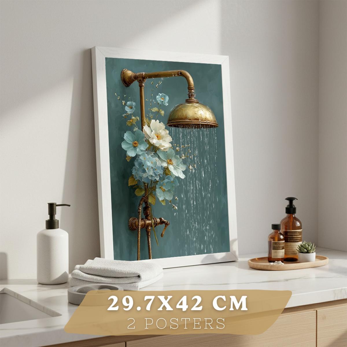 POSTER 2er-Set dekorative Badezimmer-Wandbilder, ästhetische Dusche und WC, moderne Badezimmerdekoration mit Blumen Flaschen und Dusche Rahmenlos A3 - Klar, Papier (42/29.7/3cm) - Nacnic