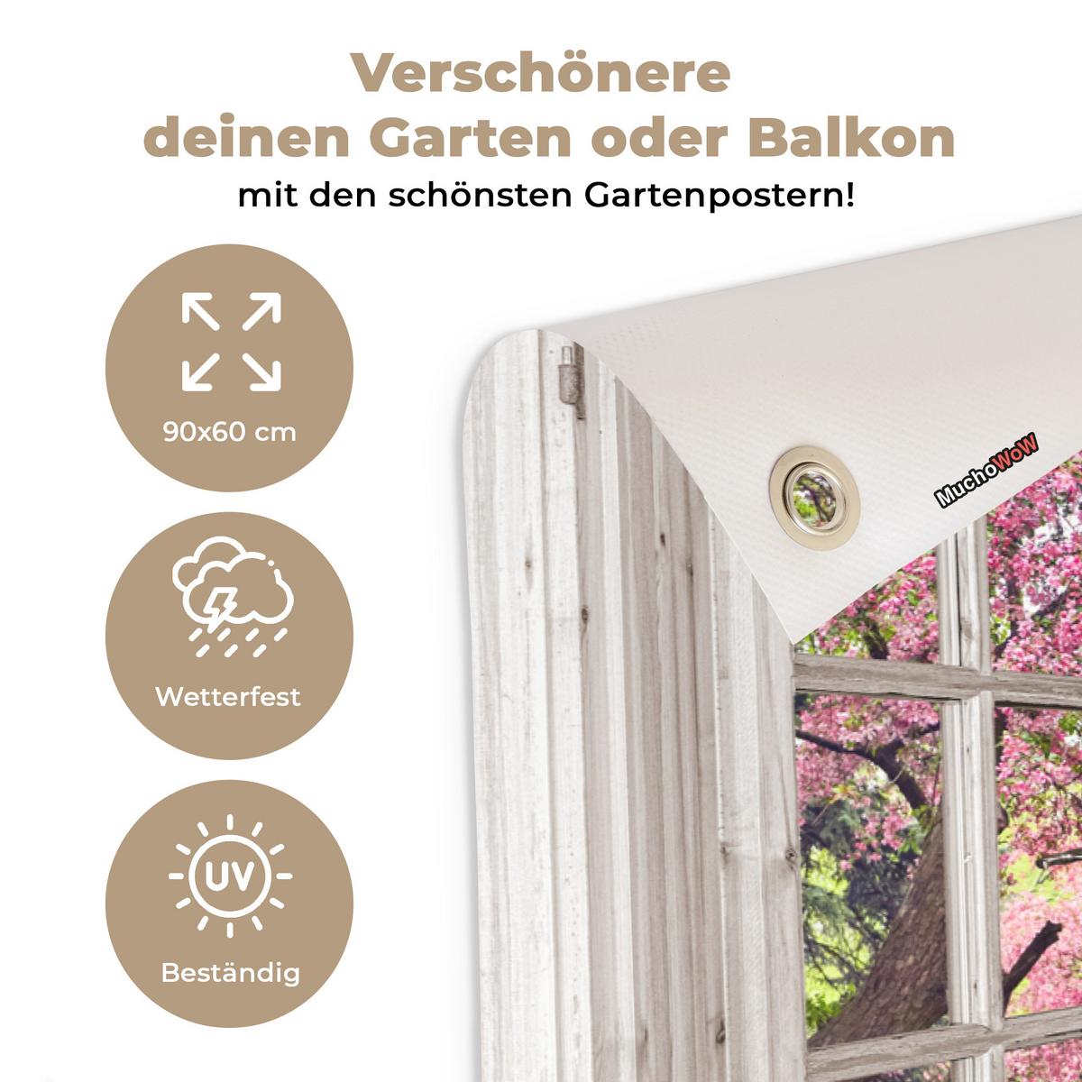 GARTENPOSTER Japanisch - Sakura - Blüte - Baum - Blütenzweige - Durchsichtig Gartendeko 90x60 cm - Rosa, Kunststoff (90/60/0.2cm) - OnlyWow