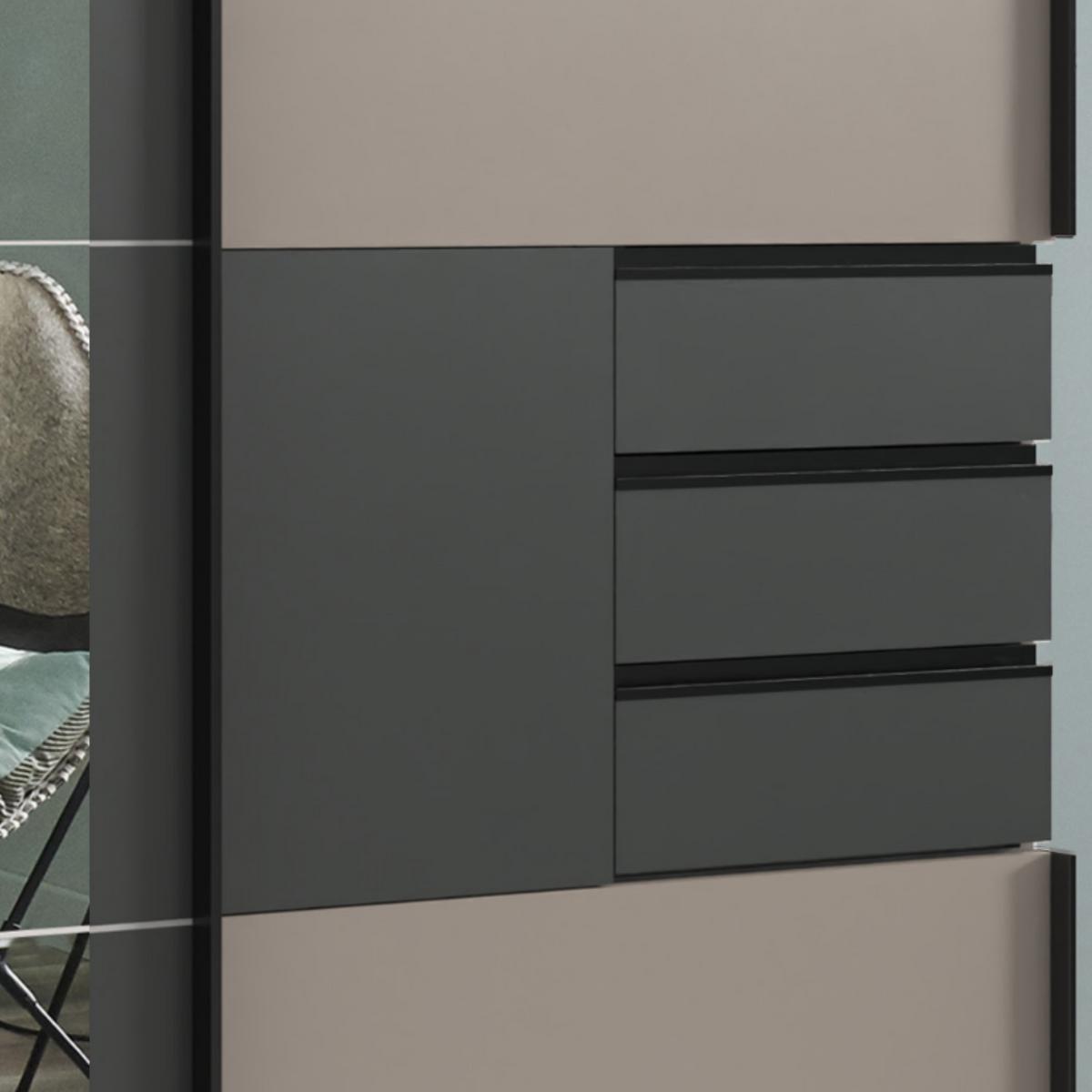 SCHWEBETÜRENSCHRANK 3-türig B270/H208/64 cm in Sandgrau mit Absetzungen in Grafit, Spiegel & Schubladen, Kleiderschrank inkl. Vollausstattung / 22507 - Sandfarben/Blau, Holzwerkstoff/Metall (270/208/64cm) - luma-home