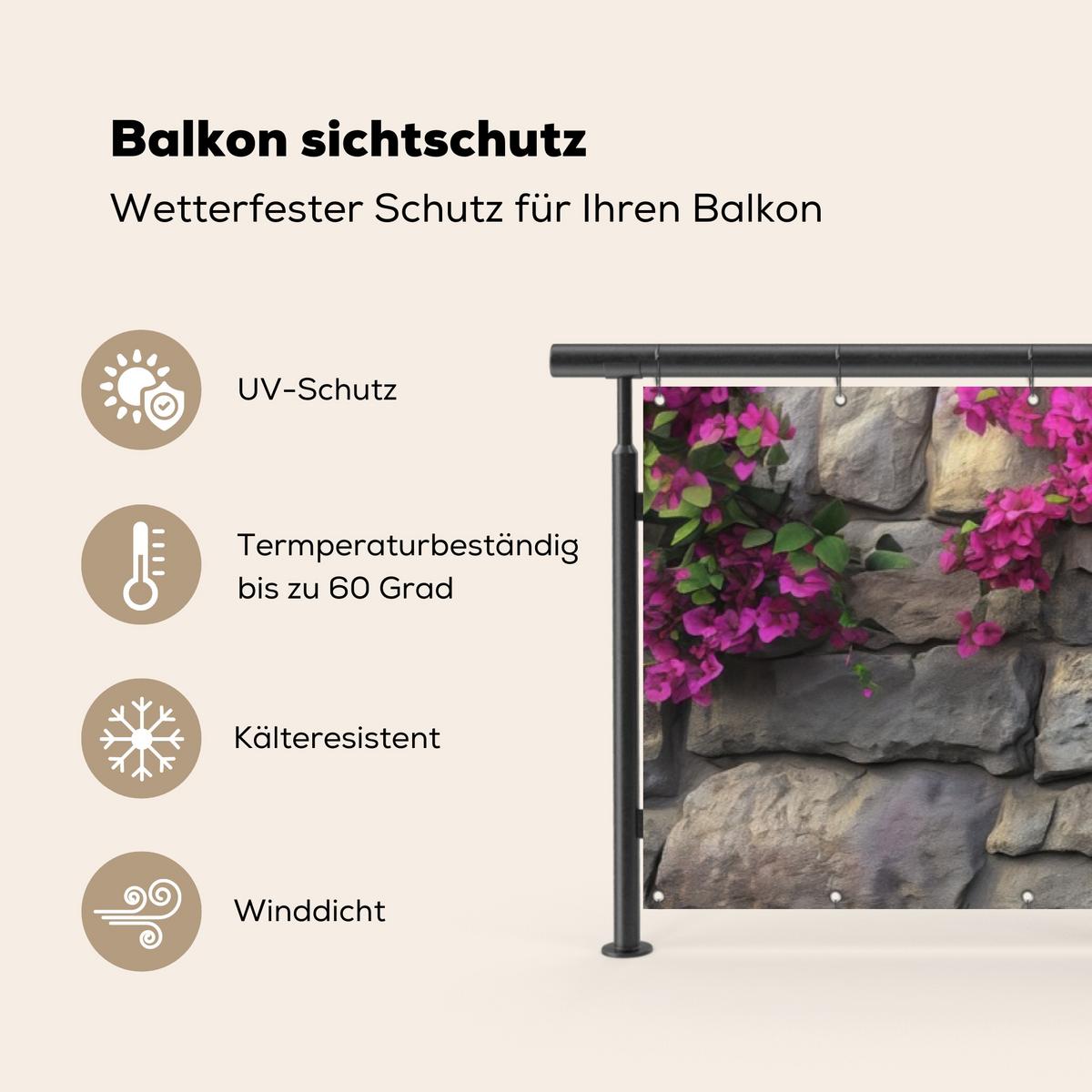BALKON-SICHTSCHUTZ Bougainvillea - Steinmauer - Rosa Deko XXL 500x120 cm - Magenta, Kunststoff (500/120cm) - MuchoWow