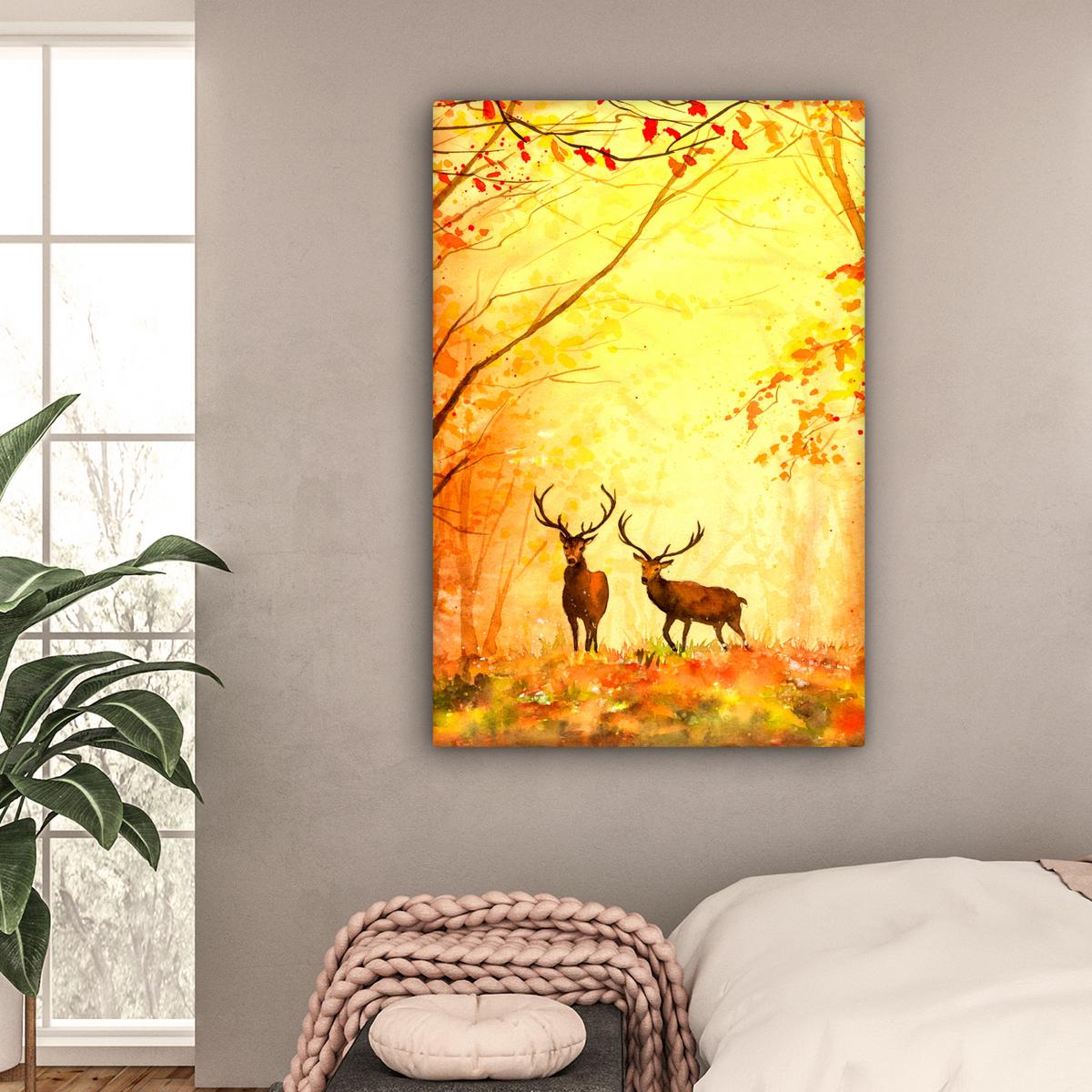 LEINWANDBILD Natur - Ölfarbe - Hirsche - Tiere - Herbst - Orange Deko XXL 80x120 cm - Orange, Textil (80/120cm) - MuchoWow
