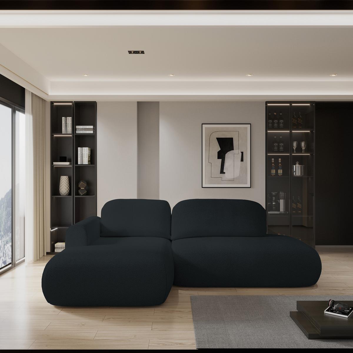 ECKSOFA NUVIRA L-S Schwarz Boucle-Stoff mit Schlaffunktion - Schwarz, Holz (279/158cm) - MASSENO