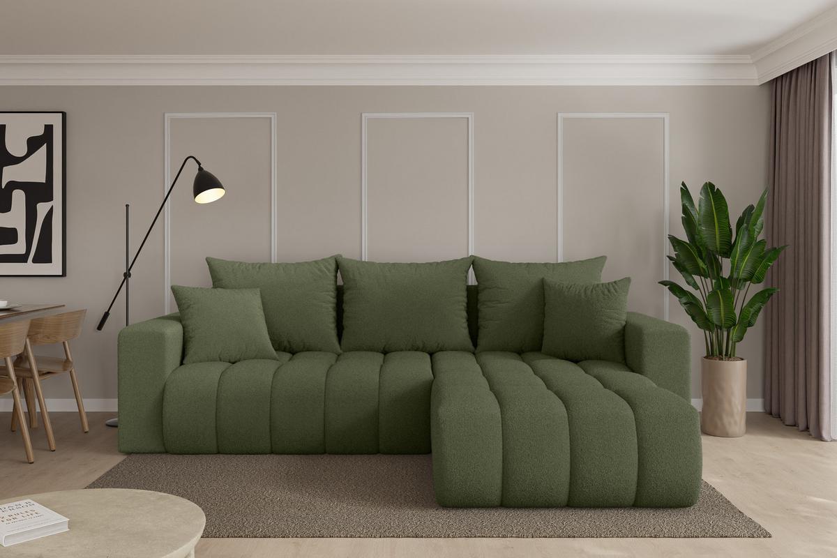 ECKSOFA mit Schlaffunktion Ottomane Rechts MILA-L-v1 277x195x86 Grün Bouclé - Schwarz/Olivgrün, Holzwerkstoff/Kunststoff (277/194cm) - ALTDECOR