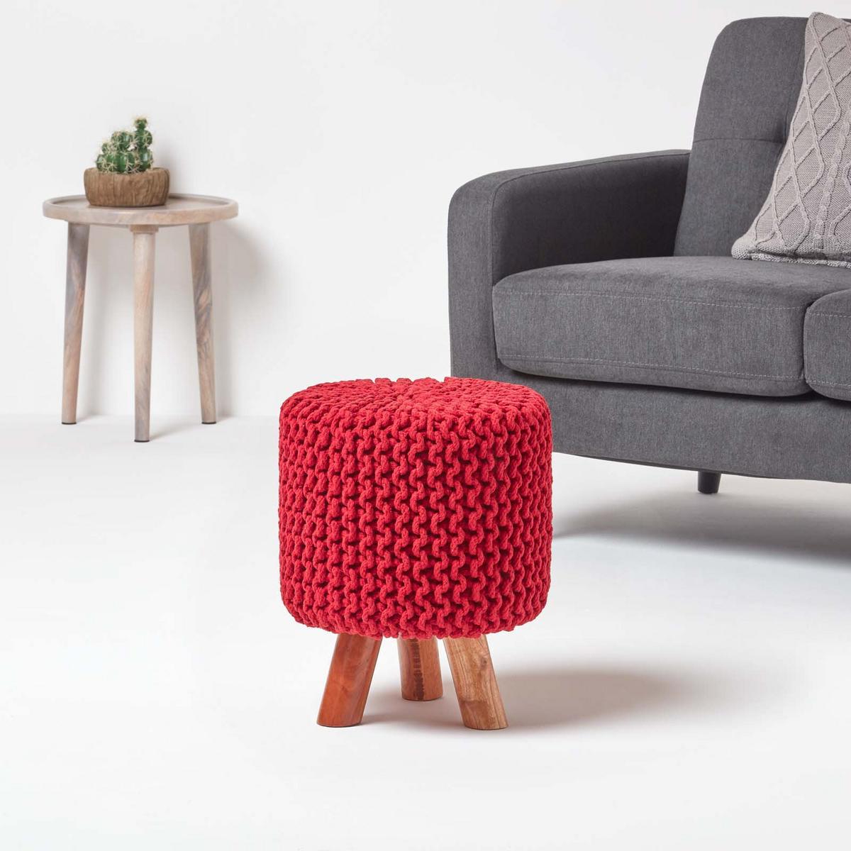 STRICK-HOCKER rot, Dreibein 32/32/42 cm - Rot, Textil (32/42/32cm) - Homescapes