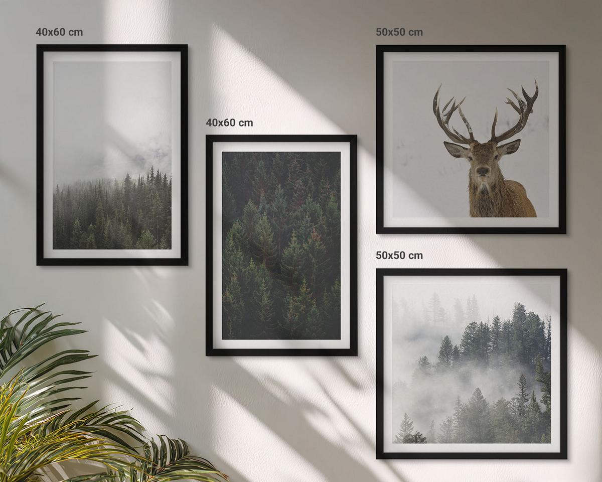 BILDER SET 4er Set - 50x50 cm & 40x60 cm Schwarzer Rahmen - Grüne Wälder, neblige Landschaft - Schwarz, Kunststoff (50/50cm) - TULUP