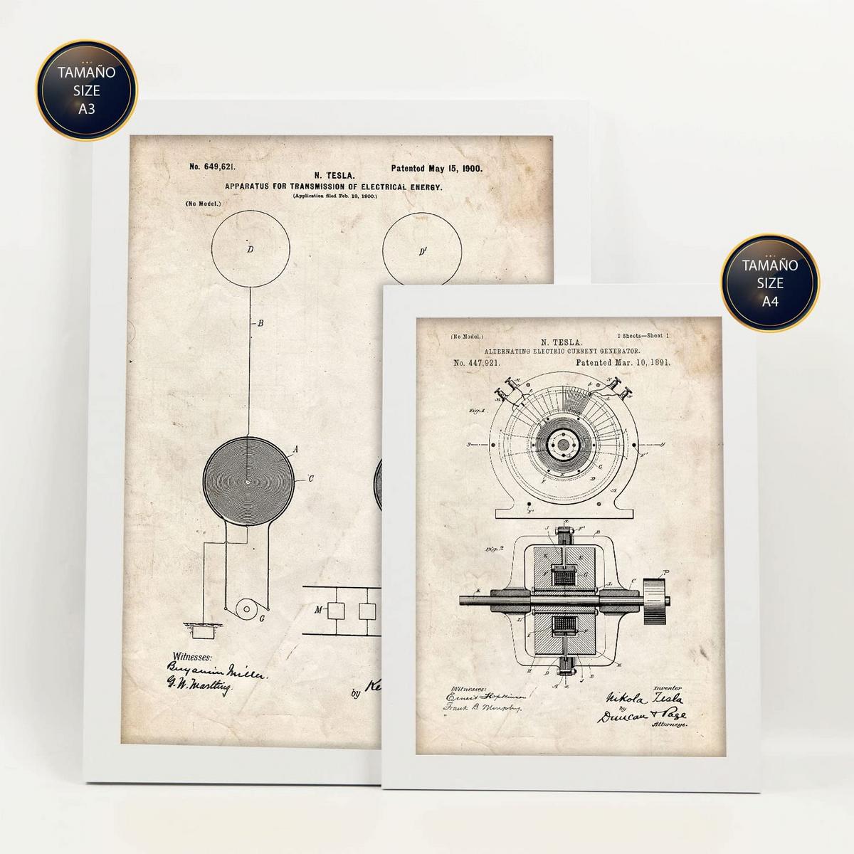 POSTER Set Mit 6 Plakaten Mit Strom 1 Patenten Im Vintage Stil A3 & A4 Weißer Rahmen - Weiß, Papier (29/3cm) - Nacnic