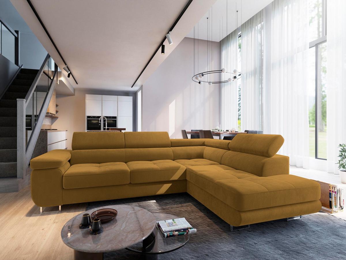 ECKSOFA SELVA R-S Gelb Velours-Stoff mit Schlaffunktion - Gelb/Silberfarben, Holz/Holzwerkstoff (275/202cm) - MASSENO