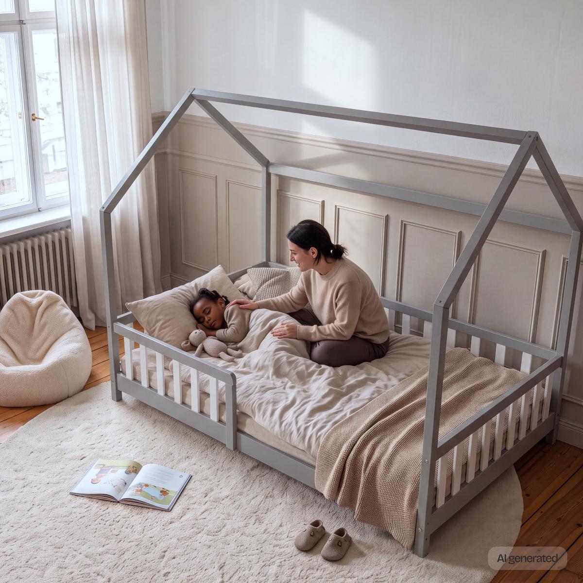HAUSBETT Hesel - Weiß/Grau, Holz (120/200cm) - [en.casa]