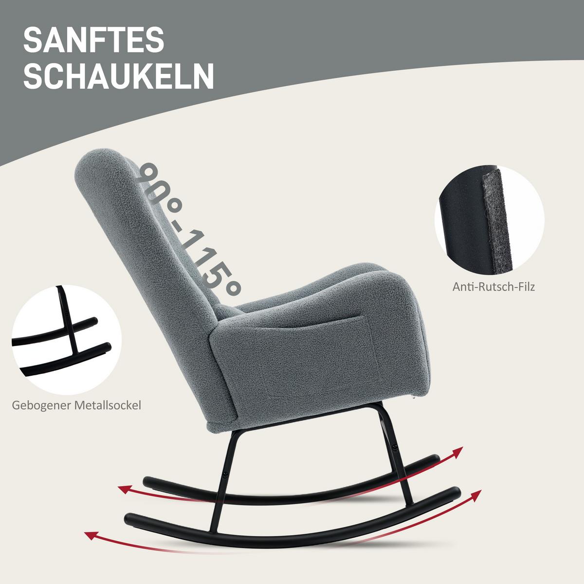 SCHAUKELSTUHL, Schaukelsessel mit Teddystoff-Optik, Armlehne, Seitentasche Grau - Schwarz/Grau, Textil/Metall (71/97/91cm) - HOMCOM