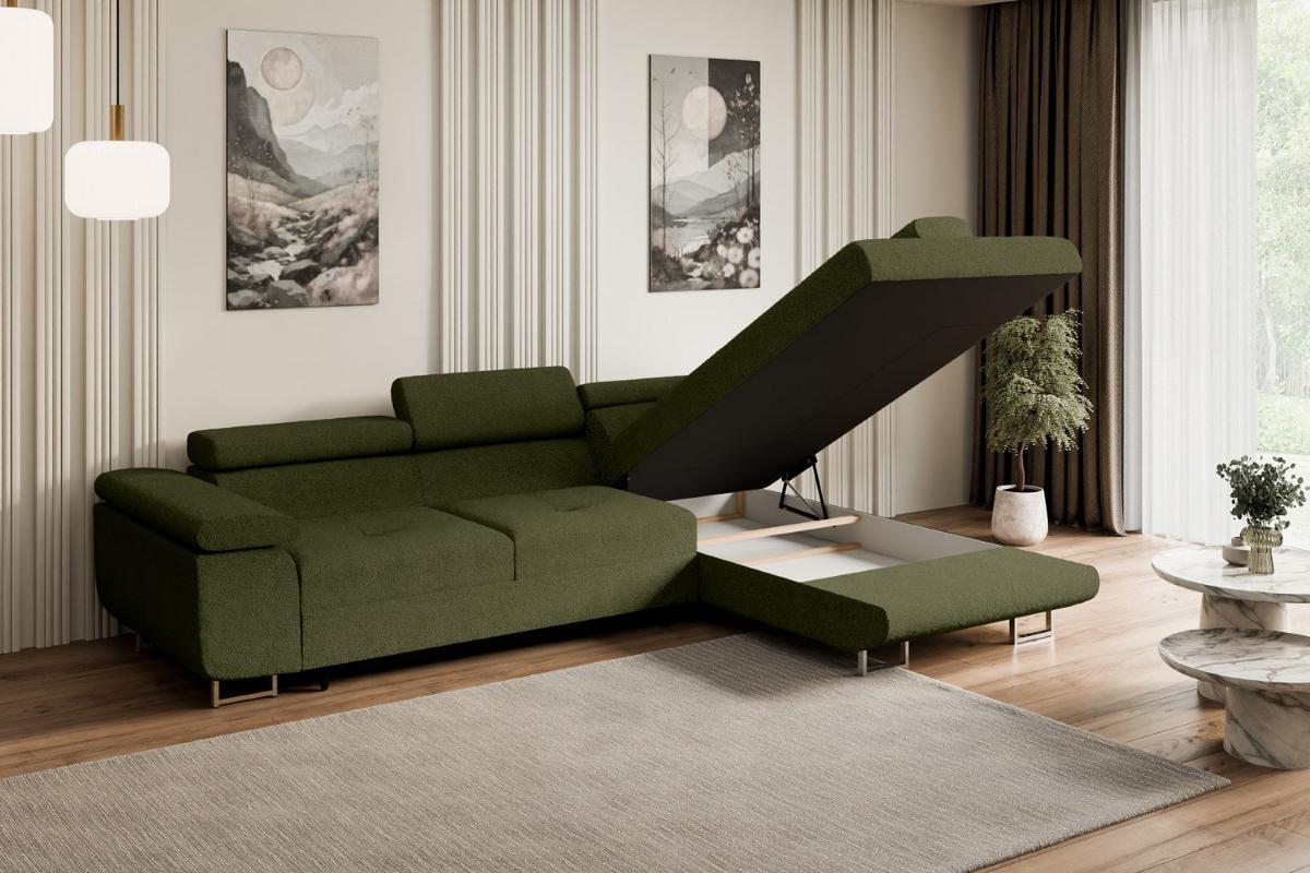 ECKSOFA mit Schlaffunktion und Bettkasten GUSA-L 272x202x107 cm Grün Bouclé - Silberfarben/Grün, Holzwerkstoff/Textil (272/202cm) - ALTDECOR