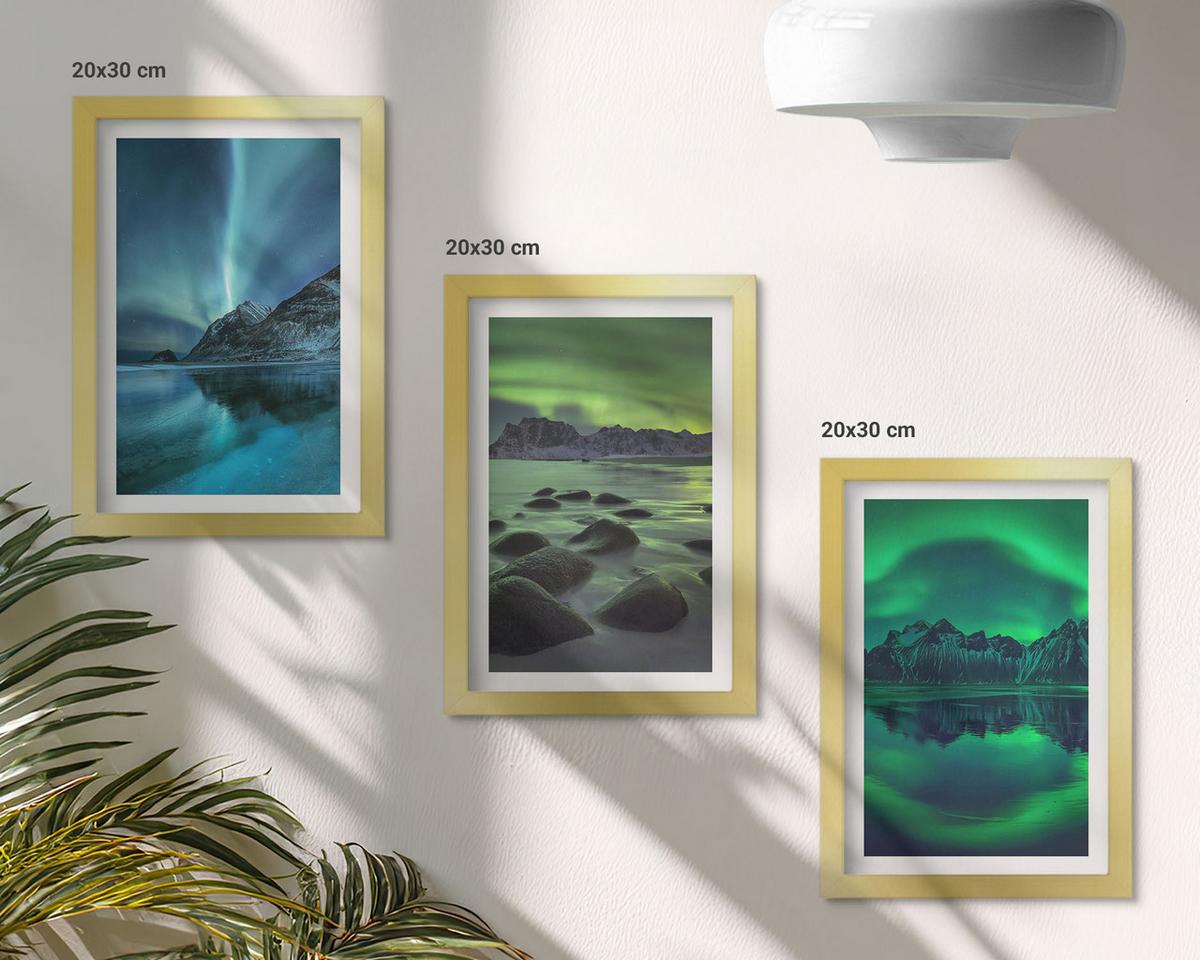 BILDER SET 3er Set - 20x30 cm Goldrahmen - Winterlandschaft der Aurora borealis - Goldfarben, Kunststoff (20/30cm) - TULUP