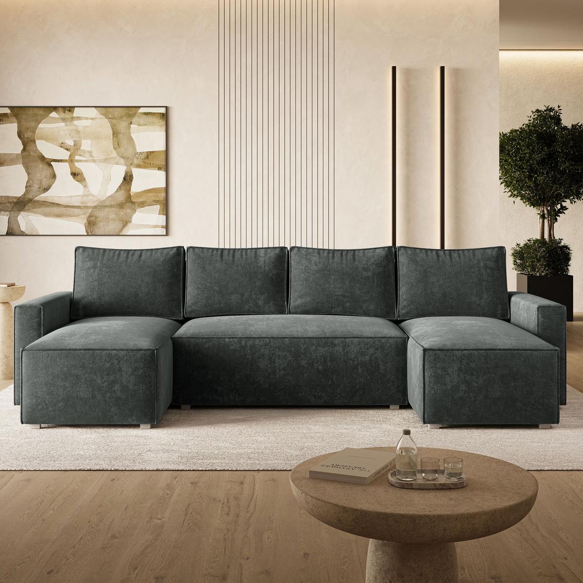 WOHNLANDSCHAFT ASPRA LM Grau Chenille mit Schlaffunktion - Dunkelgrau, Holz (295/85/140cm) - MASSENO