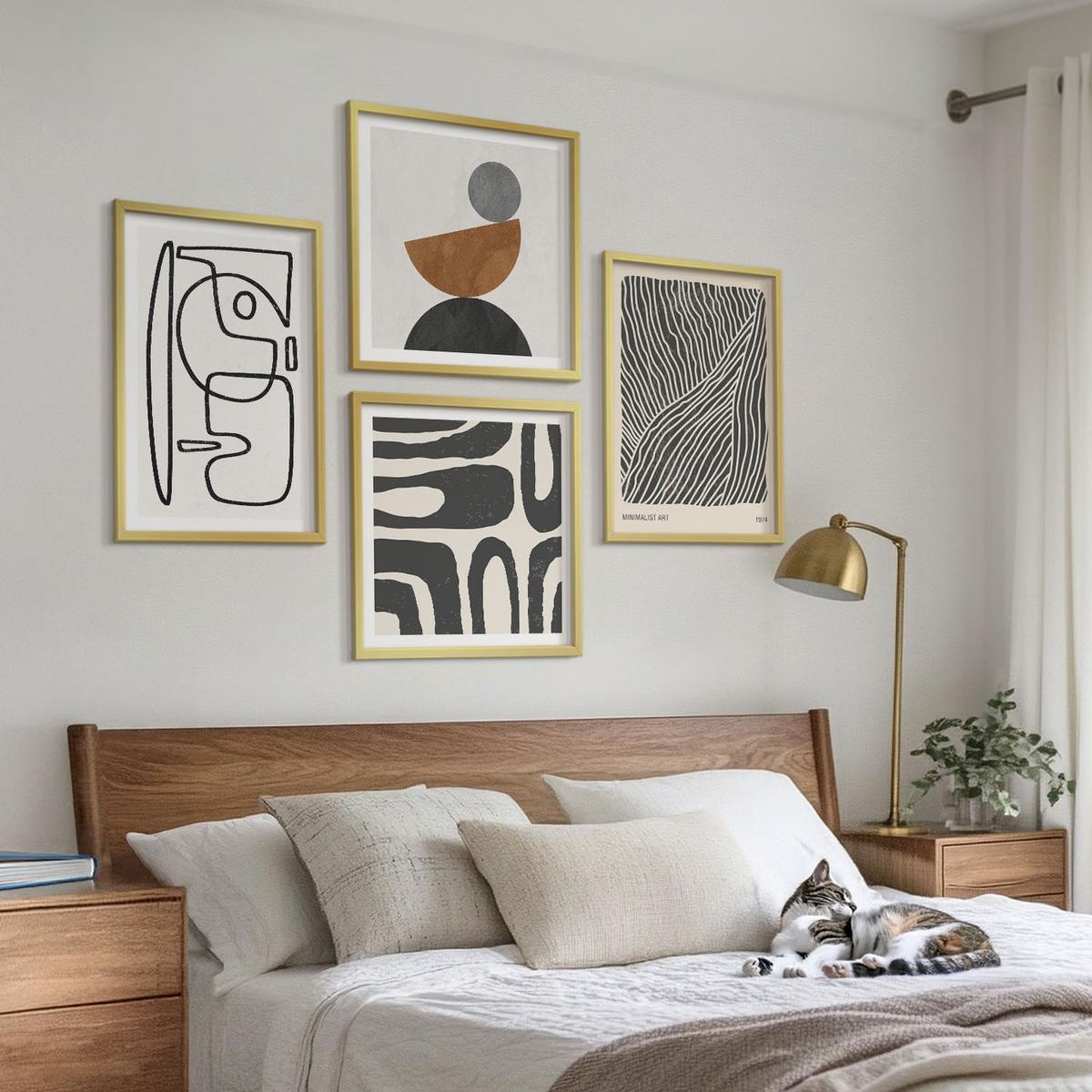 BILDER SET 4er Set - 50x50 cm & 40x60 cm Goldrahmen - Abstrakte Muster mit Linien - Goldfarben, Kunststoff (50/50cm) - TULUP