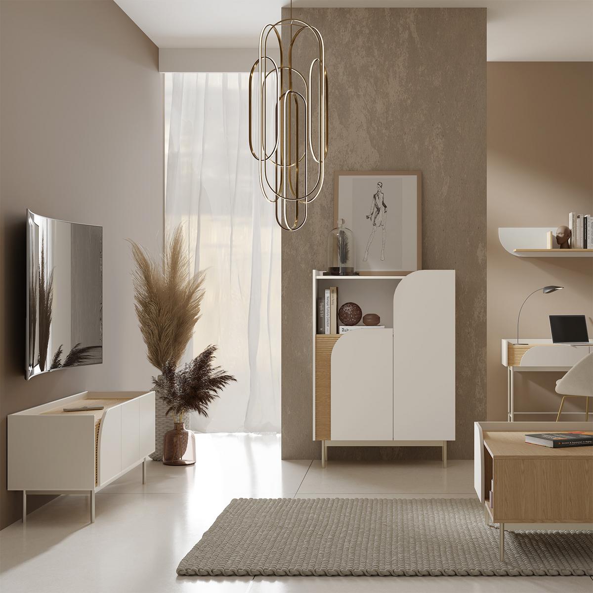 KOMMODE Camel mit 3 Schubladen, geriffeltem Detail, 130 cm, Frühlingseiche + Macadamia - Eichefarben/Beige, Holzwerkstoff/Metall (132/90/42cm) - Beautysofa