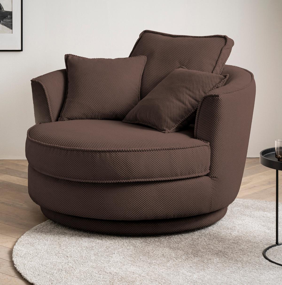 DREHSESSEL braun Web-Velours, XL Sessel 360° drehbar inklusive 3 x Kissen - Braun, Kunststoff/Textil (120/86/120cm)