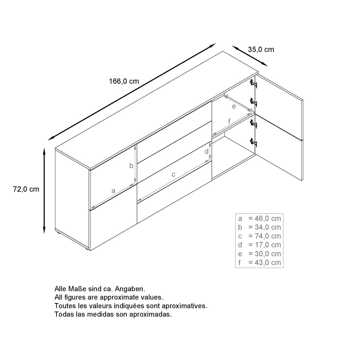 SIDEBOARD Rova Eiche Natur/ Weiß Hochglanz - Eichefarben, Holzwerkstoff (166/72/35cm) - Vladon