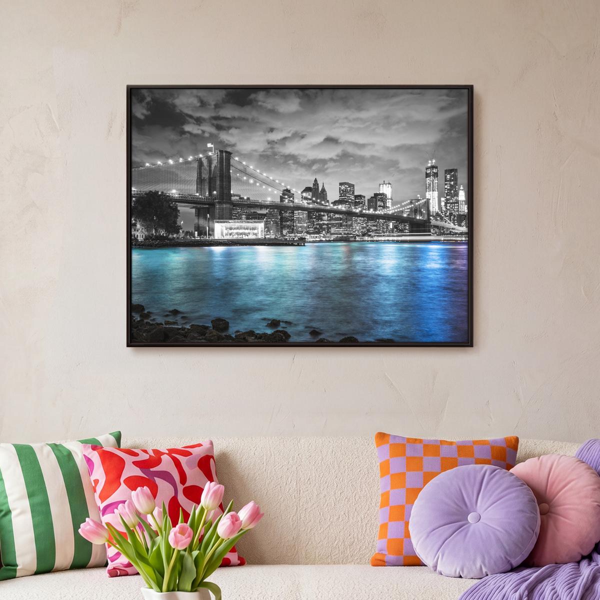 LEINWAND Bilder mit Rahmen - New York - Skyline - Stadt - Blau - 80x60 - Blaugrau, Textil (80/60cm) - MuchoWow