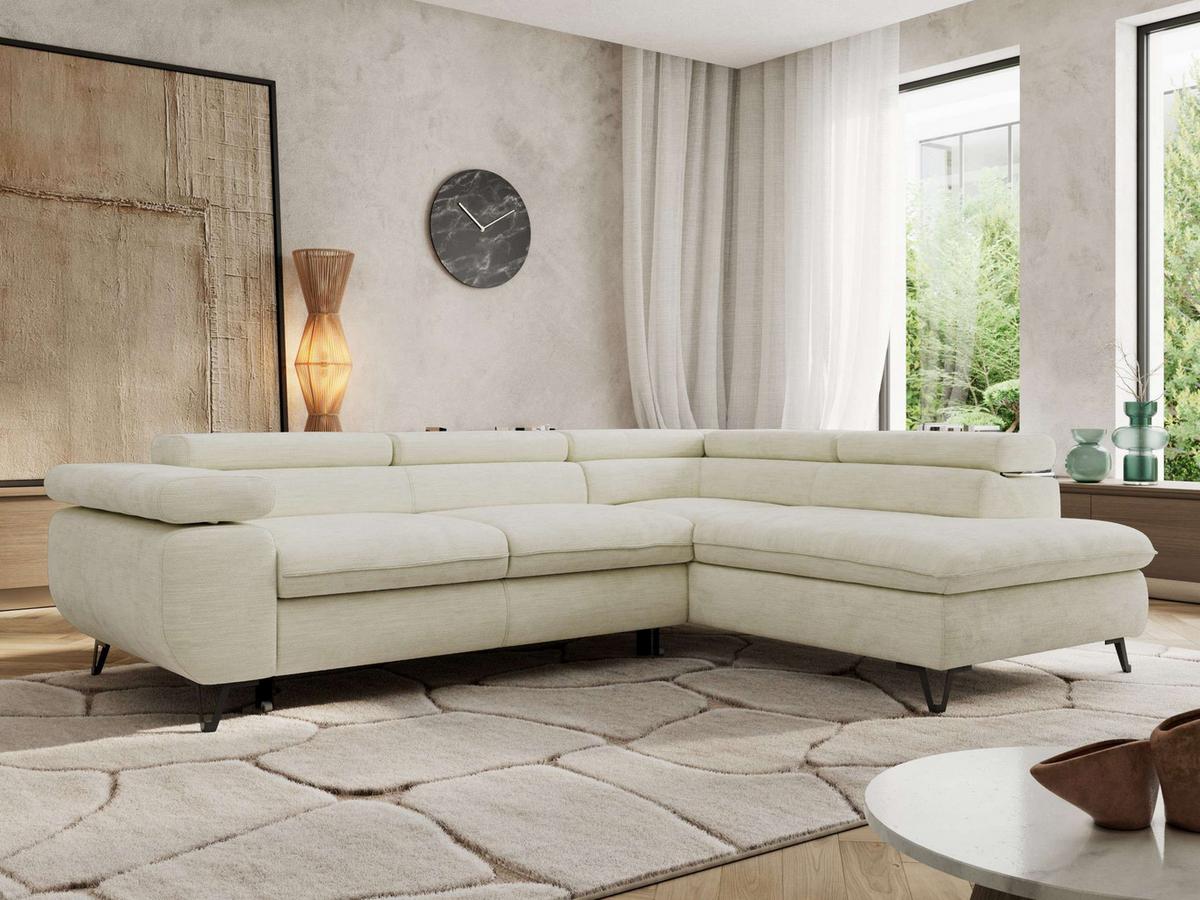 ECKSOFA PABLO L Creme Schenille glatt - Rechts Seite - Creme/Schwarz, Textil/Metall (273/208cm) - MKS