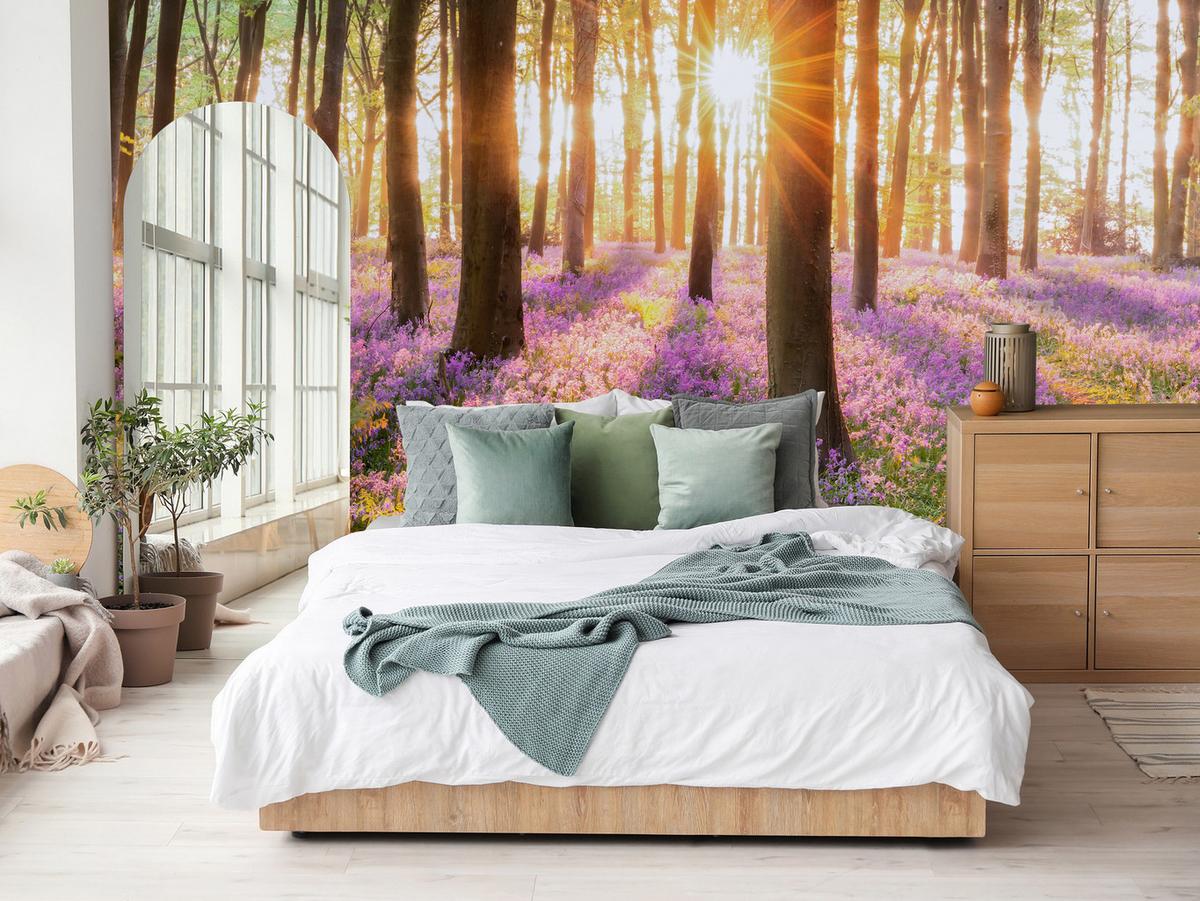 FOTOTAPETE Wald Blumen Sonnenaufgang Landschaft 3D 350x256 - Gelb/Beige, Papier (350/256cm) - Muralo