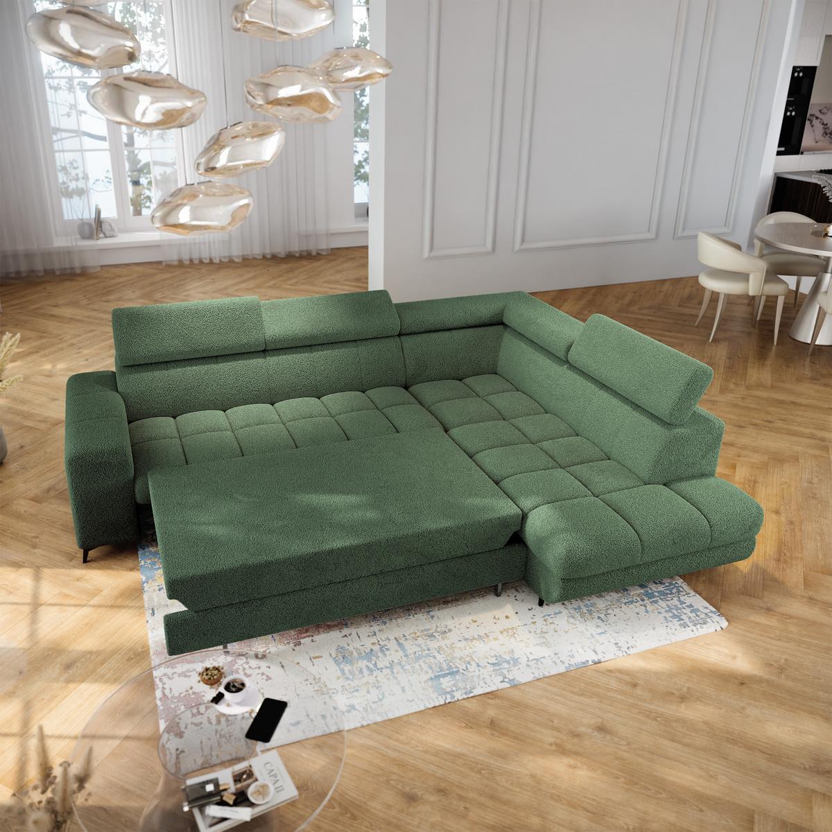 ECKSOFA MORIVA Q R-S Grün Boucle-Stoff mit Schlaffunktion - Grün, Holzwerkstoff/Textil (253/190cm) - MASSENO