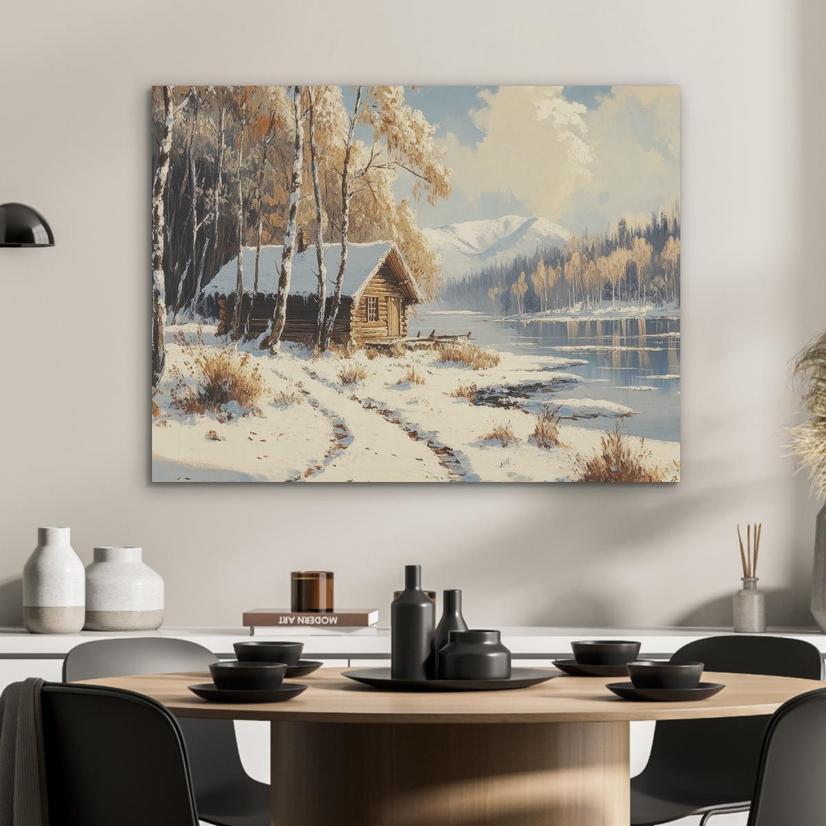 AKUSTIKBILD Winter - Schnee - Zuhause - Natur Gemälde 80x60 cm - Hellbraun, Kunststoff (80/60/0.9cm) - MuchoWow