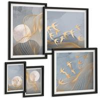 BILDER SET 5er Set - 50x50 cm & 20x30 cm & 40x60 cm Schwarzer Rahmen - Abstrakte Wellenkreise, grau - Schwarz, Kunststoff (40/60cm) - TULUP