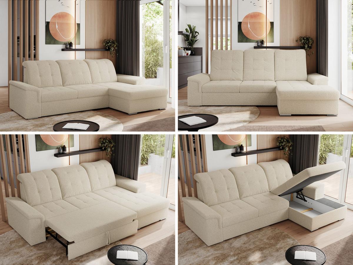 ECKSOFA MADRITO L - Beige Boucle - Rechts - Beige/Silberfarben, Textil/Metall (256/160cm)