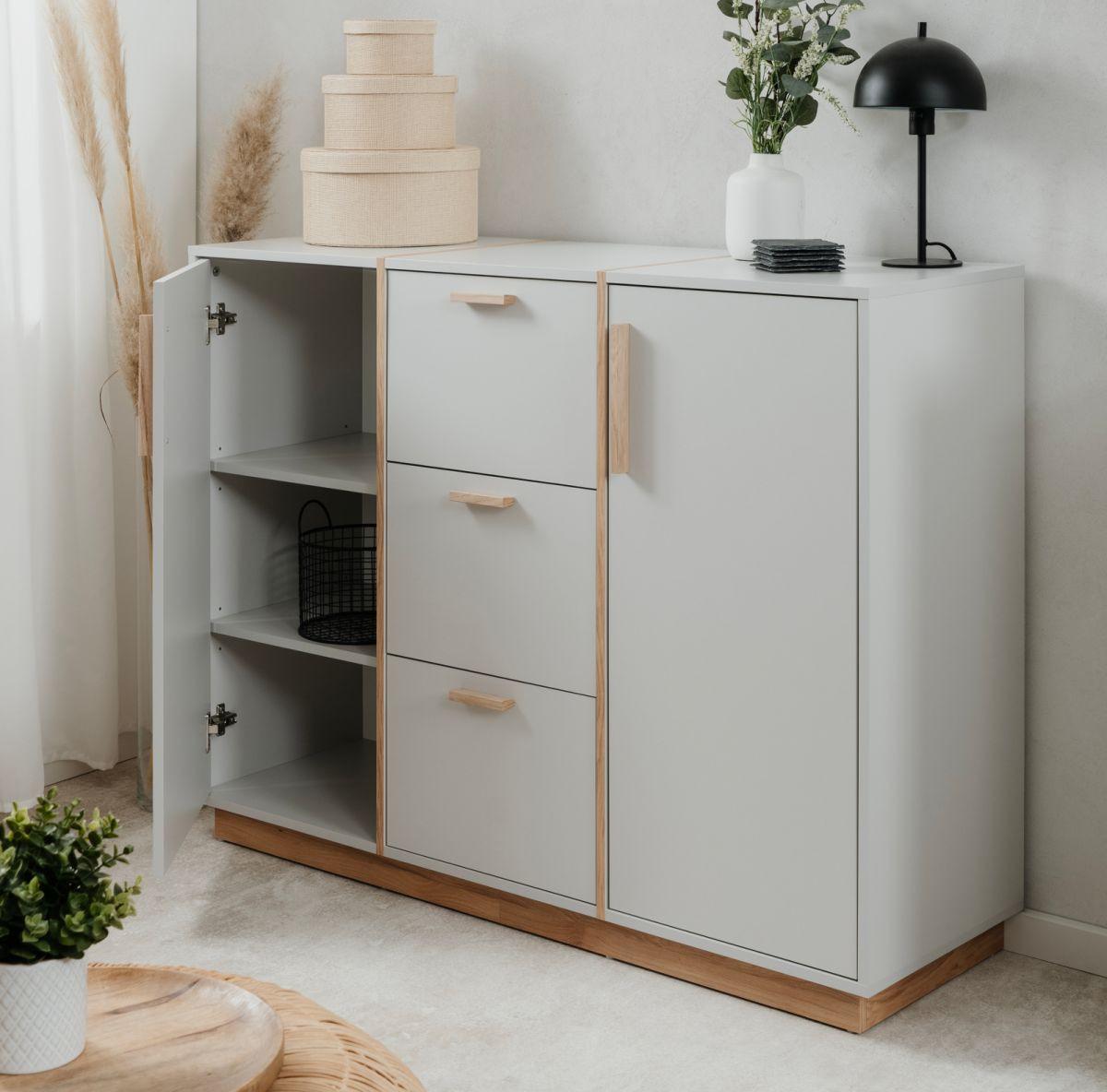 KOMMODE grau, Hickory Walnuss 125 cm, Sideboard mit viel Stauraum - Walnussfarben/Hellgrau, Holzwerkstoff (125/94/40cm) - Furn.Design