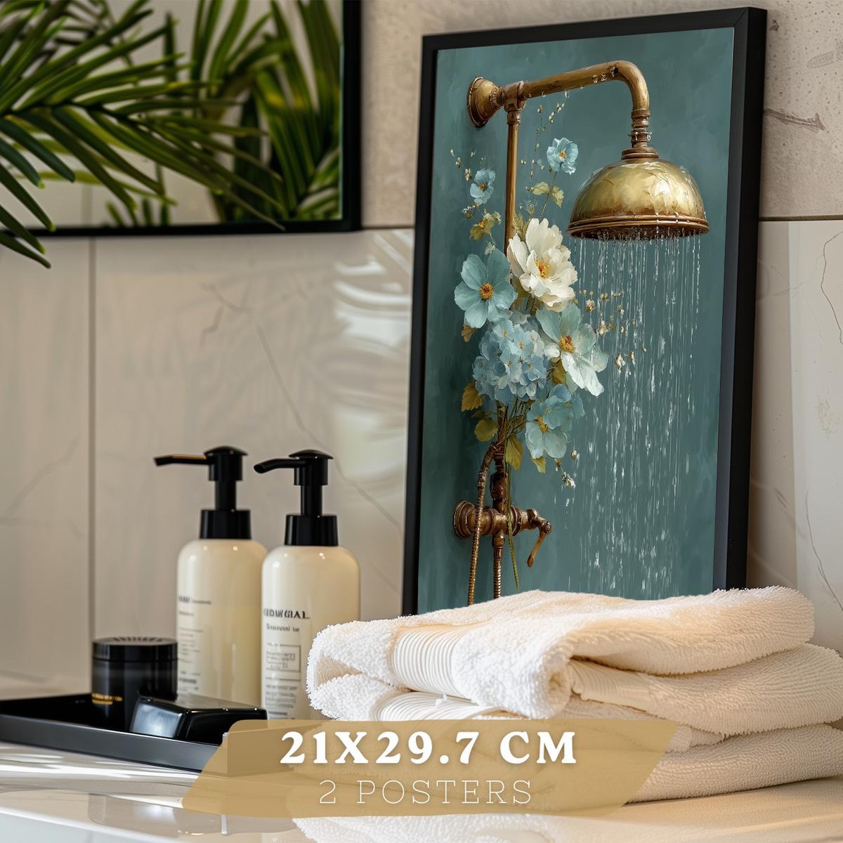 POSTER 2er-Set dekorative Badezimmer-Wandbilder, ästhetische Dusche und WC, Badezimmerdekoration mit Blumen Flaschen und Dusche Schwarzer Rahmen A4 - Schwarz, Papier (29.7/21/3cm) - Nacnic