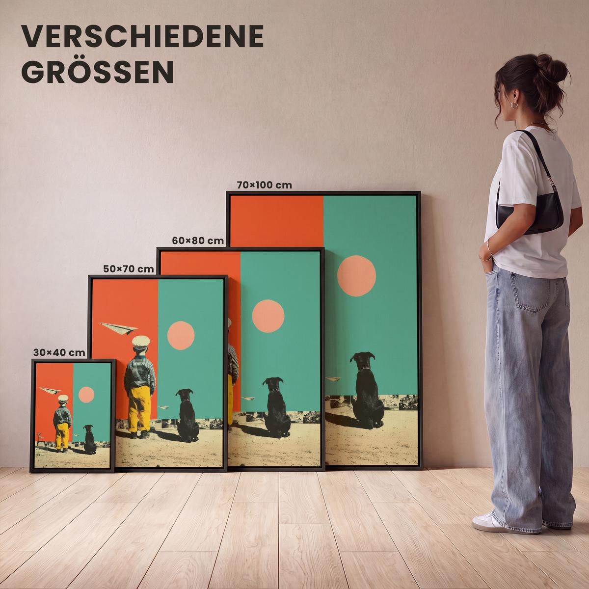 LEINWAND Bilder mit Rahmen - Retro - Junge - Hund - Rot - Grün - 60x80 - Orange, Textil (60/80cm) - MuchoWow